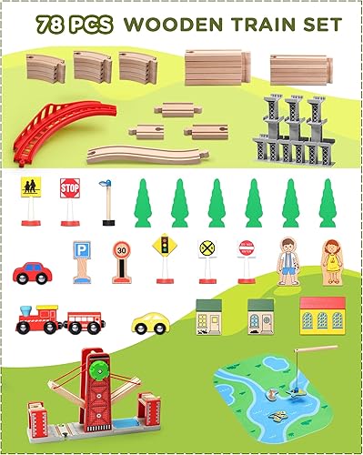 Miniatura 7 de SainSmart Jr. Juego de tren de madera para niños pequeños, pista de tren de madera de doble cara con 4 trenes para Brio, Thomas, Melissa y Doug, kit
