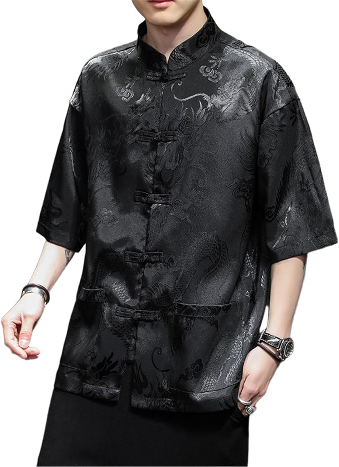 Chinese Style Men's Ice Silk Short Sleeve Shirt, Tang Suit Retro Top