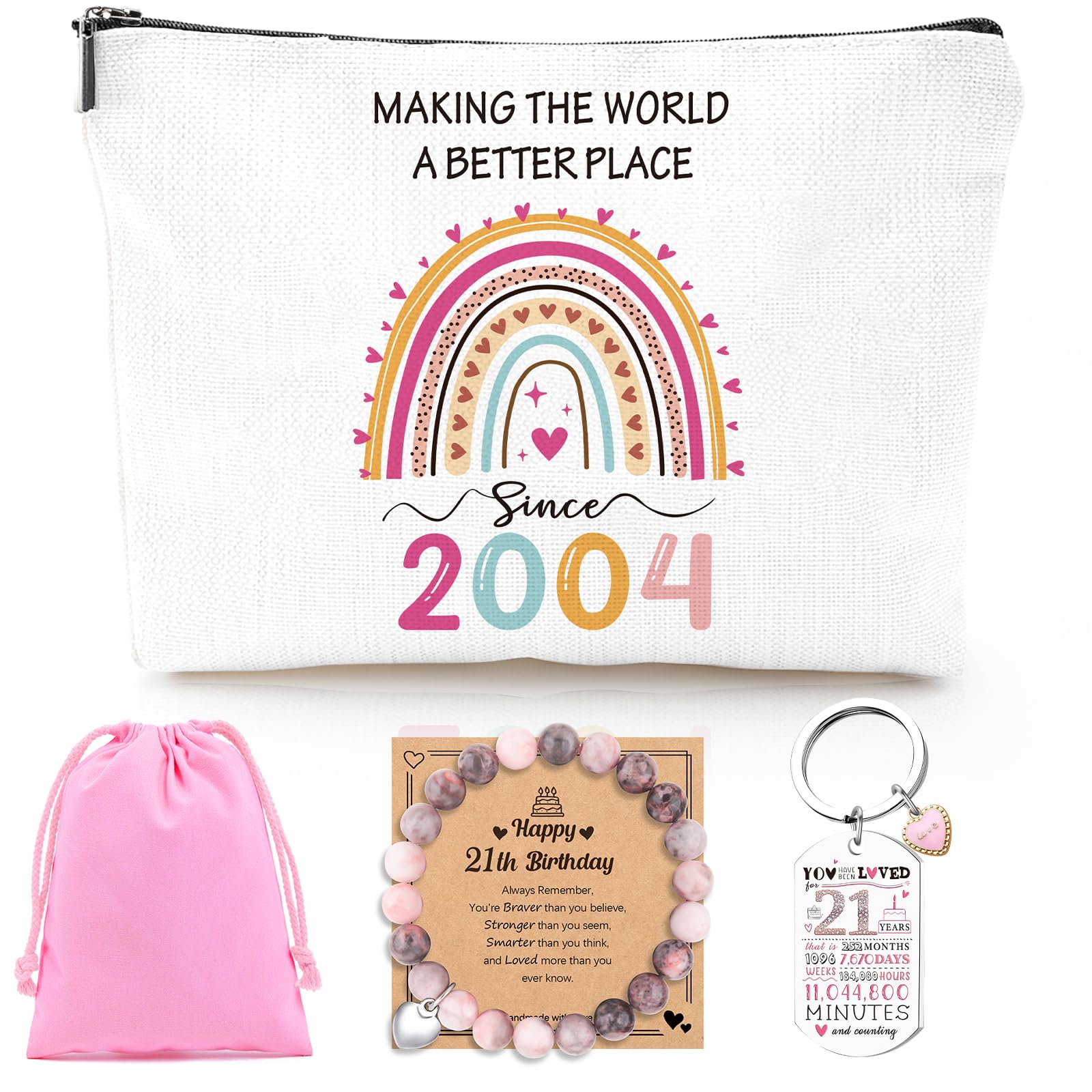 Luvsweets 21st Birthday Gifts for Her - 2004 Birthday Makeup Bag, You Have Been Loved For 21 Years Keychain, Healing Bracelets with Heart Charm, 21