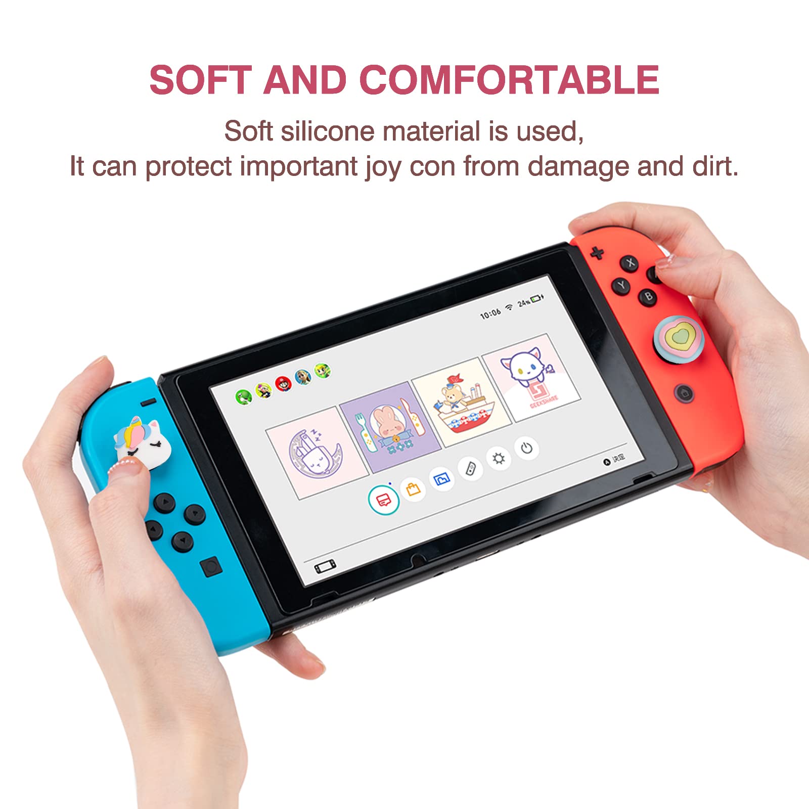 DLseego Cute Pony & Love Heart Lot de 4 capuchons de pouce pour Switch Lite/OLED, en silicone souple, coque de protection analogique Joy Con Stick, arc-en-ciel