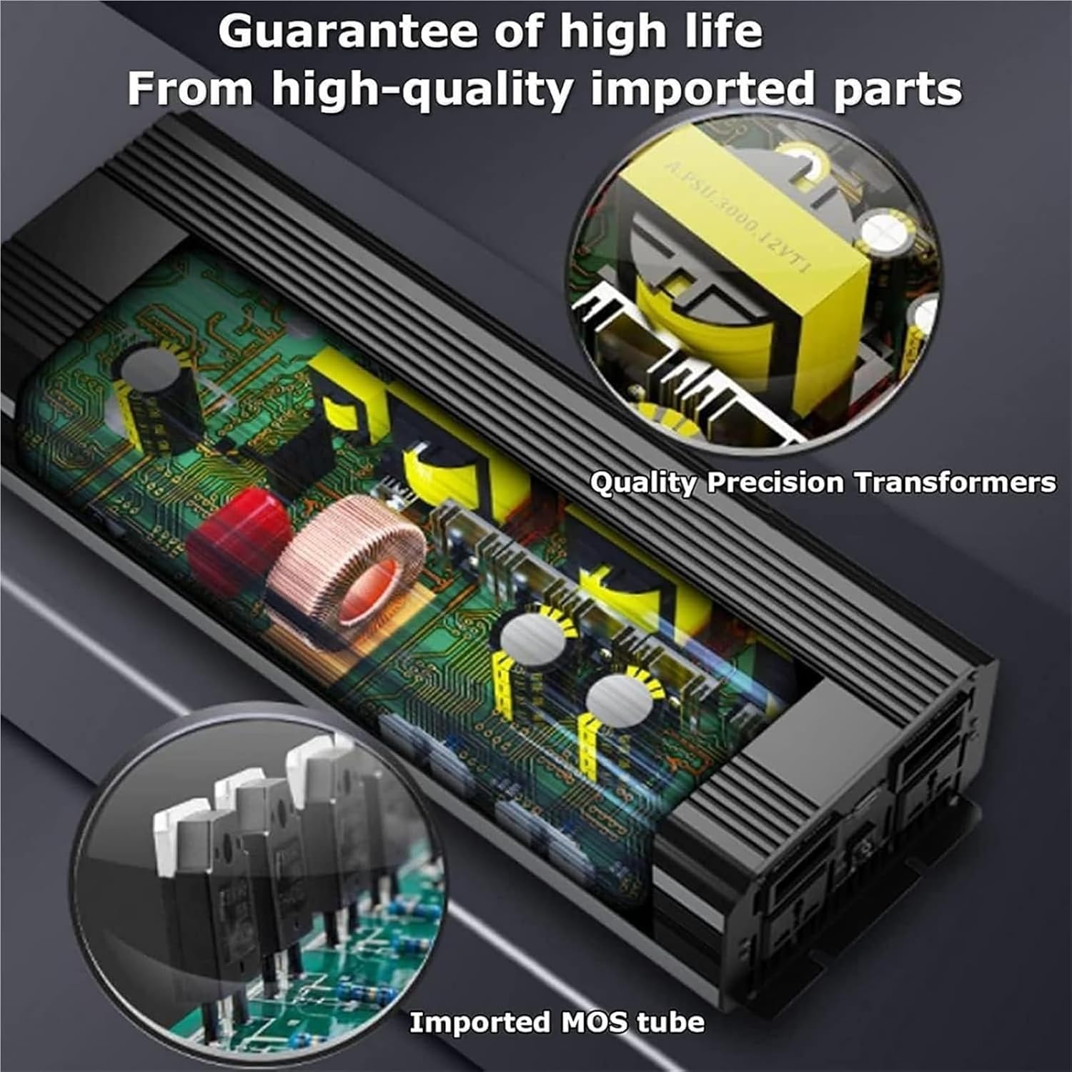 Internal components of the inverter, highlighting quality precision transformers and imported MOS tubes.