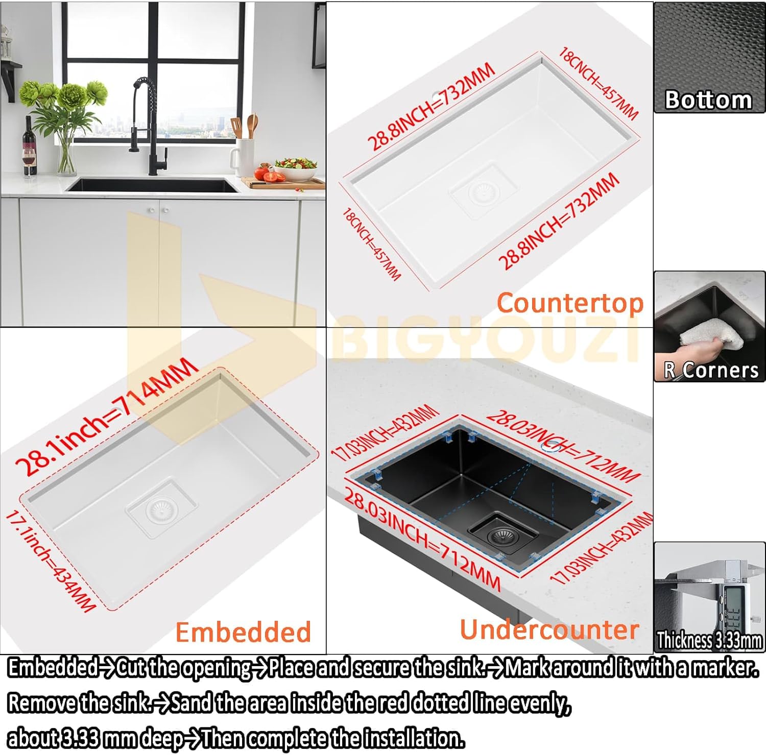 Rectangle Kitchen Sinks Countertop or Embedded or Undermount Drop In Single Bowl Stainless Steel with Sink Protector Grid Black 30" x 19" x 10"