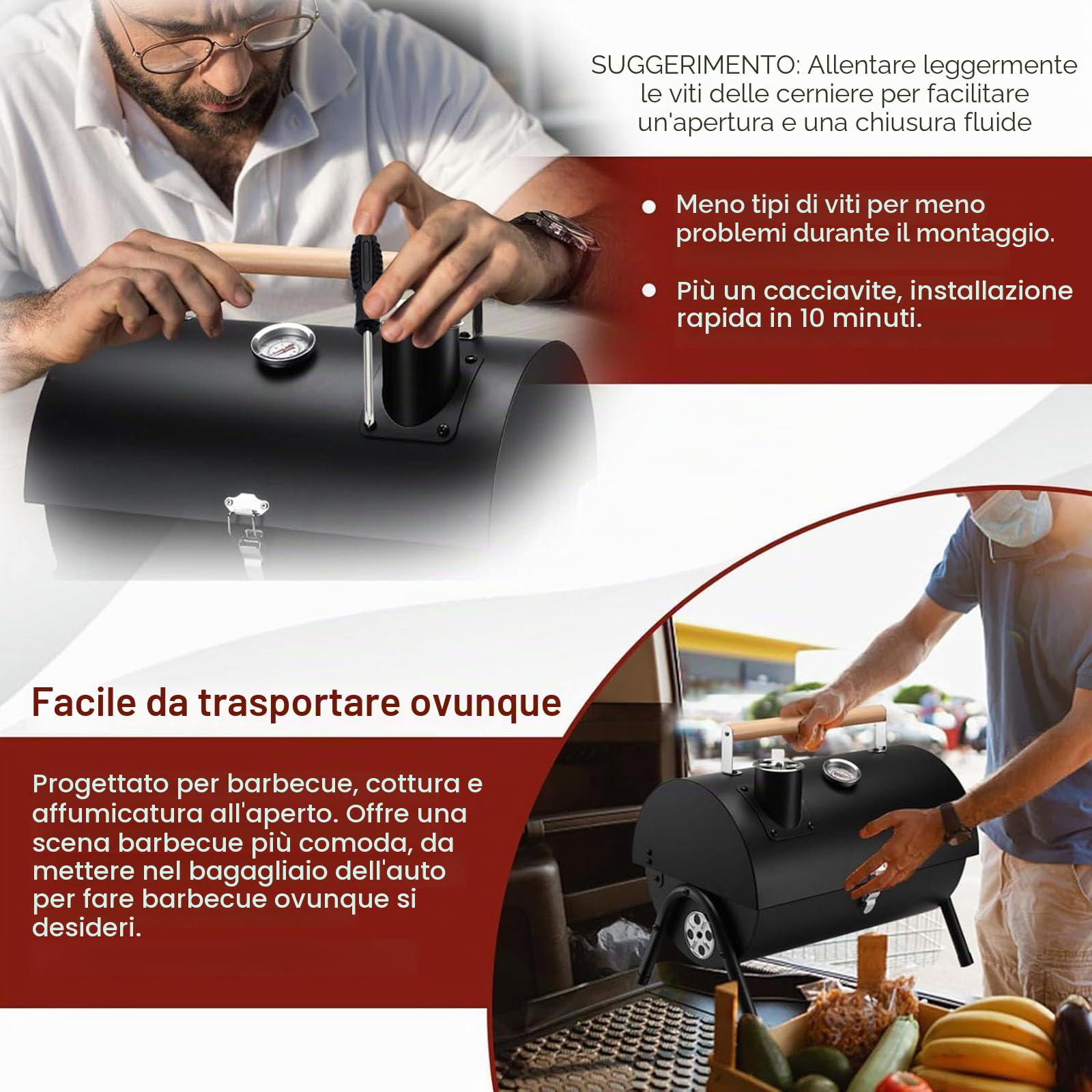 Barbecue a carbonella portatile da campeggio con coperchio, piccolo barbecue da tavolo con termometro, flusso d'aria regolabile e quantità di scarico, per cucina all'aperto, feste, campeggio, picnic