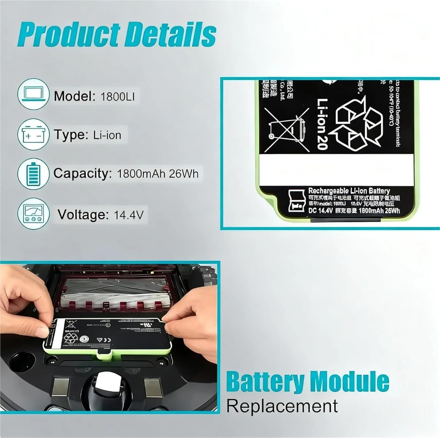 Robot Vacuum Cleaner Battery,Compatible for Roomba 960 890 860 695 680 675 Replacement Battery, High Capacity Li-ion(1800mAh)