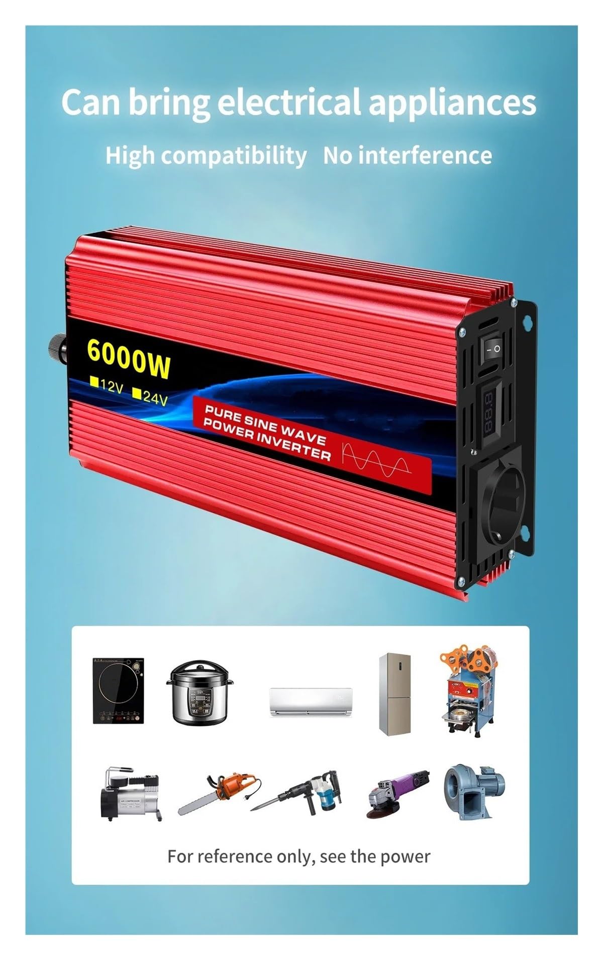 Inversor Inversor De 1000W-10000W, 12V/24V, 220V, Convertidor De Onda Sinusoidal Pura, Inversores Solares con LED, Enchufe UE(12V 50HZ,1600W)