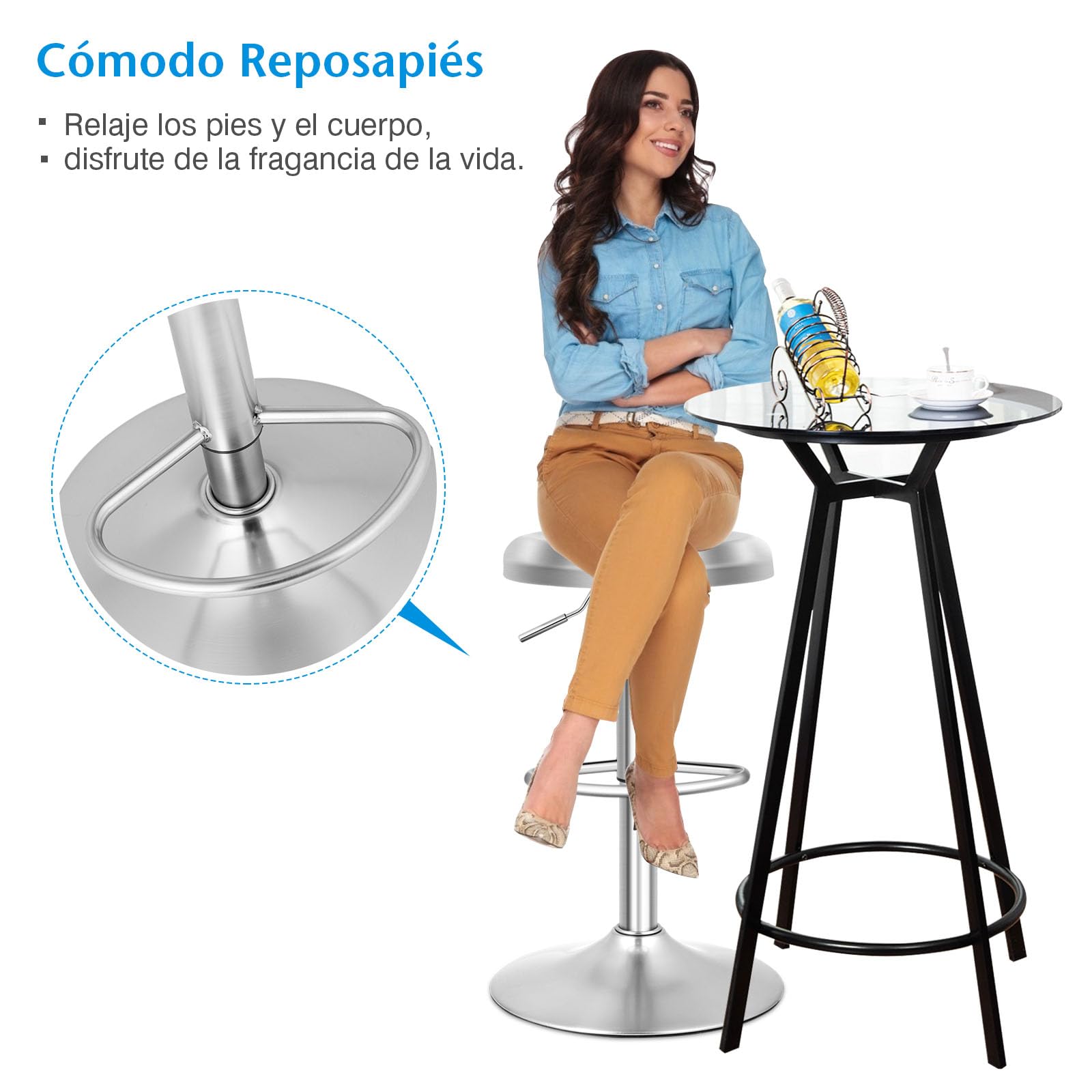 COSTWAY Taburete de Bar Giratorio, Taburete Redonda Ajustable en Altura, Taburete Alto con Reposapiés, Mango y Base Grande, Silla de Barra de Acero Inoxidable para Cocina, Bar, Cafetería