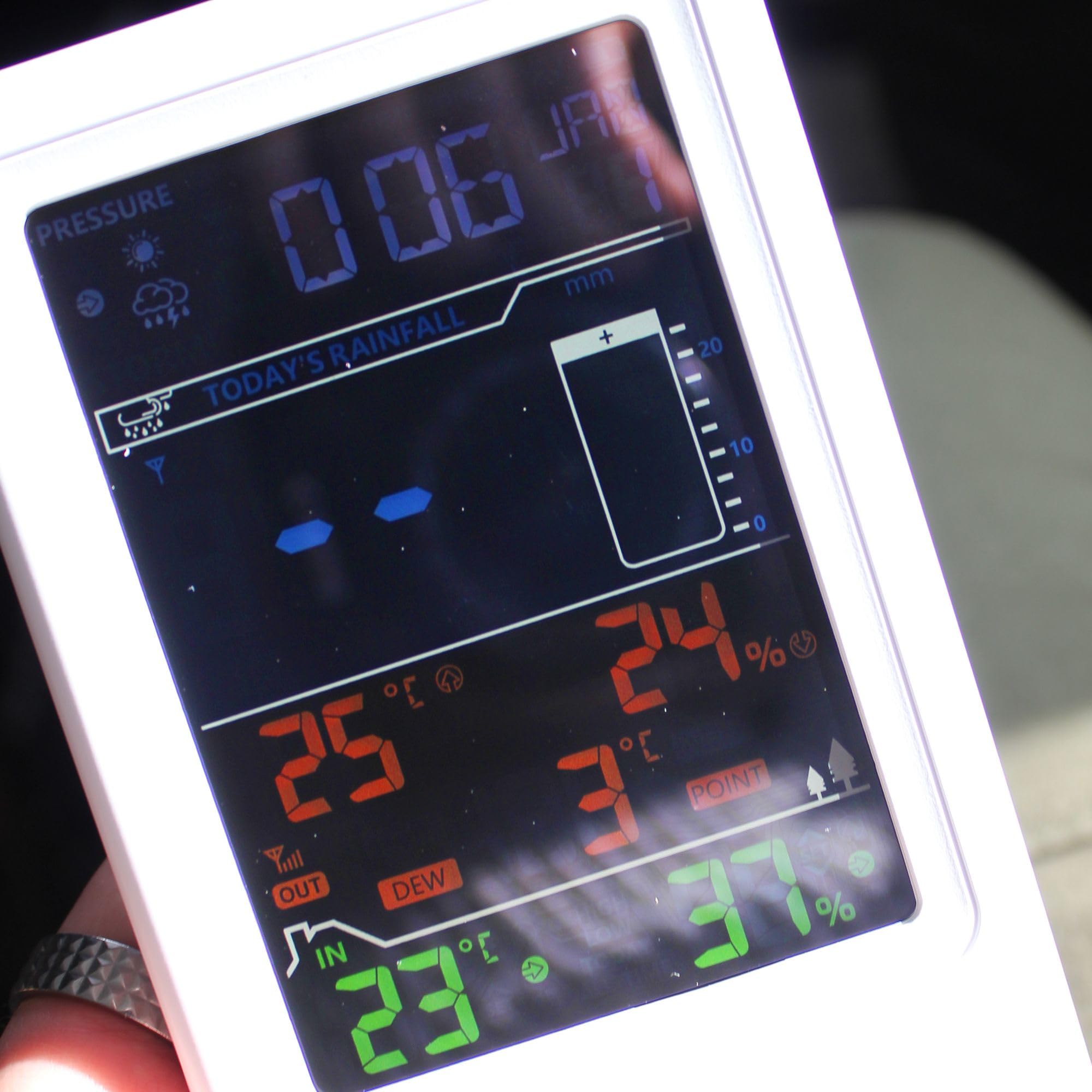 FISHTEC - Station Météo Intelligente Capteur Extérieur Écran LCD Ajustable Pluviomètre à Poser Affiche la Date, l'Heure, Température, l'Humidité, Prévoit Jauge Indication