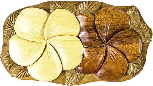 Double Plumeria  Aloha Wood Art  Caja de rompecabezas de madera con temática hawaiana - Cerradura mezclada con diseño - Almacenamiento de seguridad
