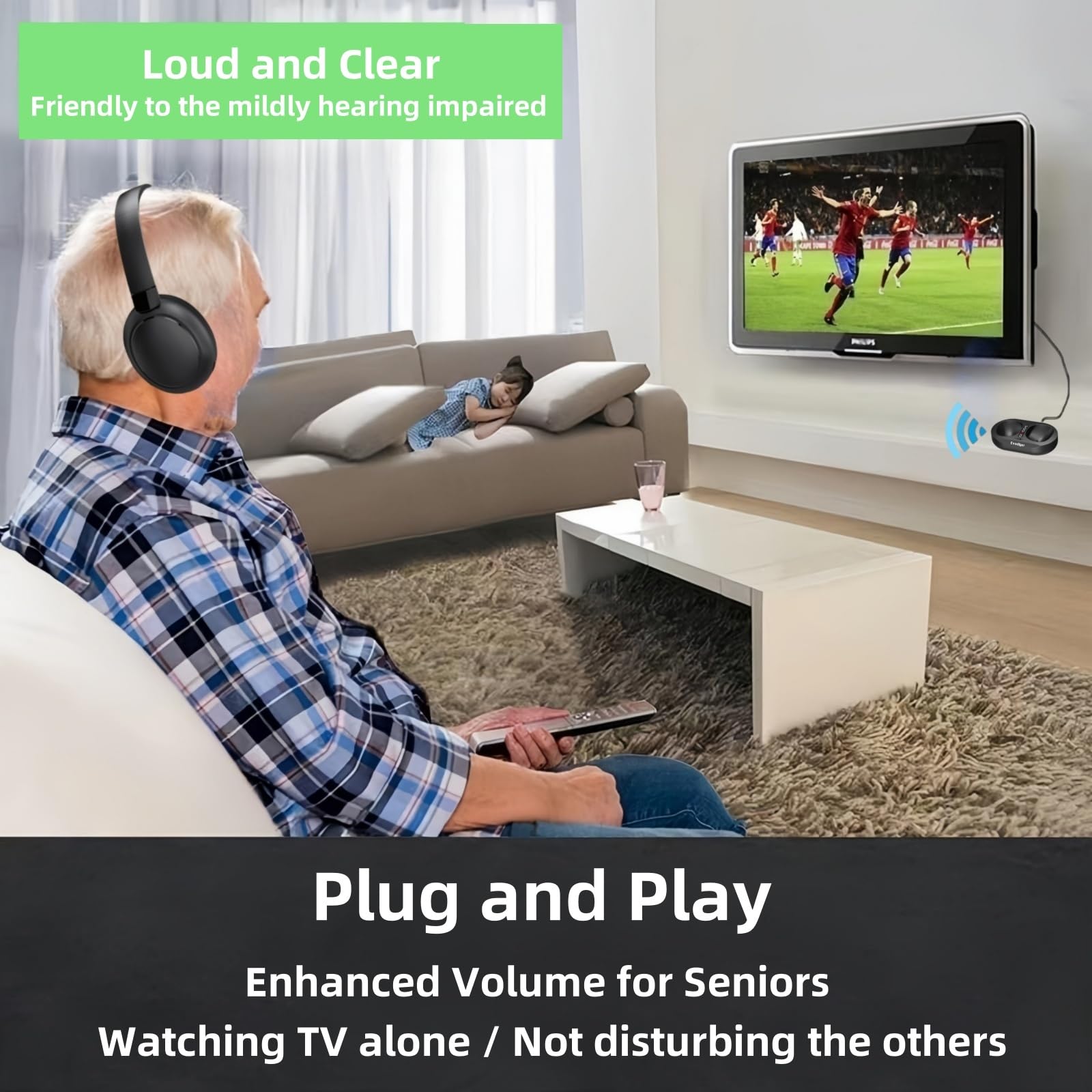 Casque TV sans Fil pour Seniors, avec Station de Charge Et éMetteur, Confortable, Longue DuréE de Vie de la Batterie, RéGlage Facile Du Volume, IdéAl pour Les Personnes âGéEs Qui Regardent la TV