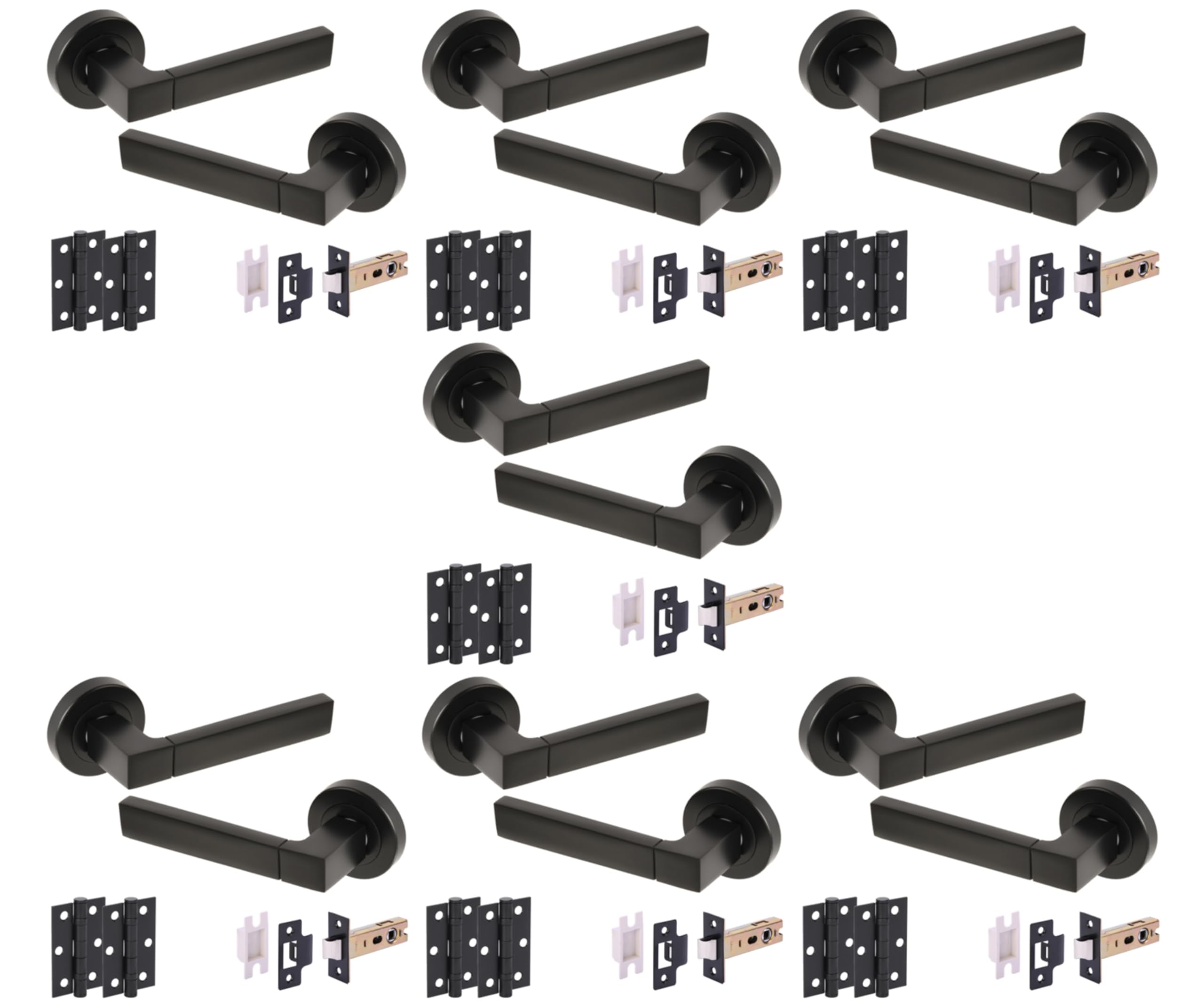 Hunta HANDLEZONE® 7 Sets Luxa Internal Door Handle Pack, Complete with Lever Handles, 76mm Latch, 75mm Ball Bearing Hinges - Black Matt — image 1
