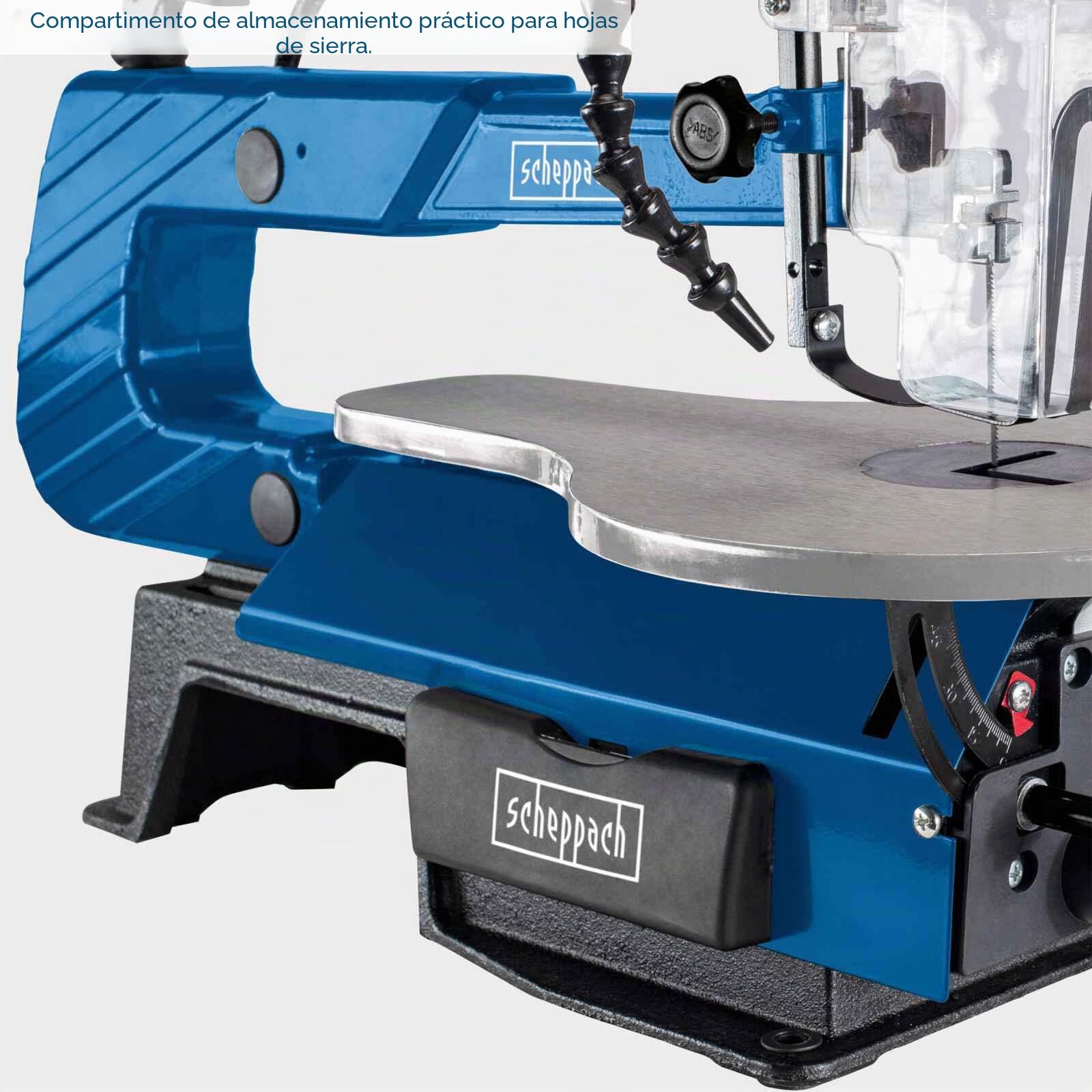 scheppach DECO-XLS - Sierra de calar (120 W, altura de corte: 50-406 mm, altura de elevación de 12 mm, 500-1700 rpm, interruptor de pie, lámpara de trabajo LED)