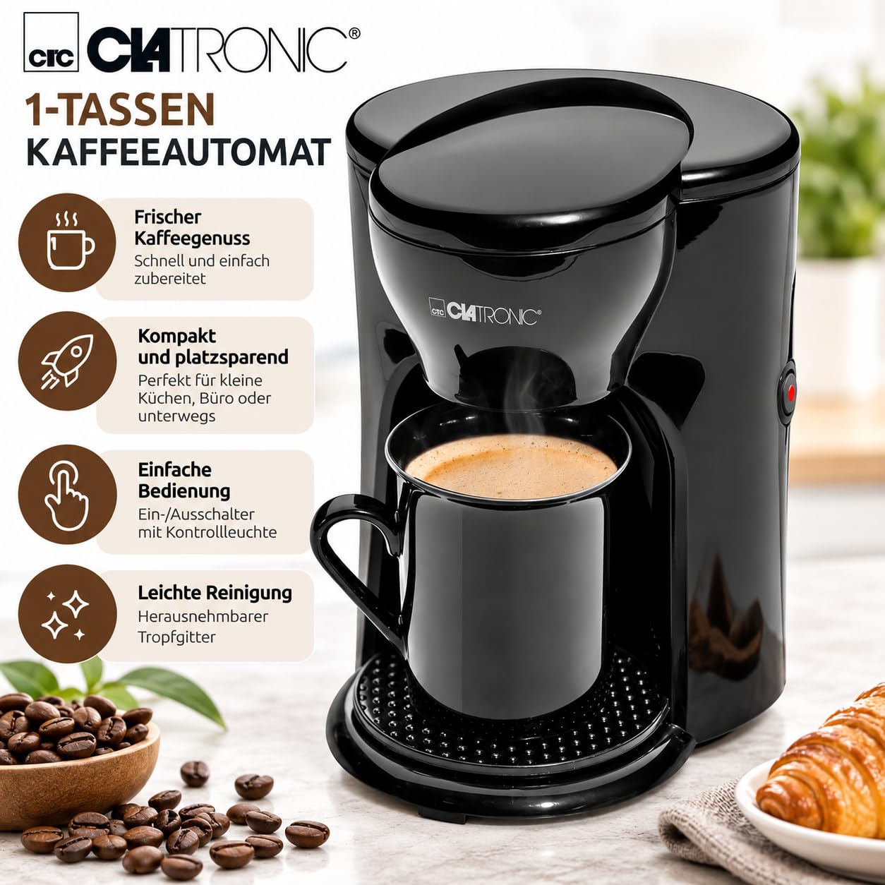 Clatronic® 1-Tassen-Kaffeeautomat | Kaffeemaschine perfekt für Singles | Filterkaffeemaschine inkl. 140 ml Keramiktasse | kleine Kaffeefiltermaschine ideal für unterwegs
