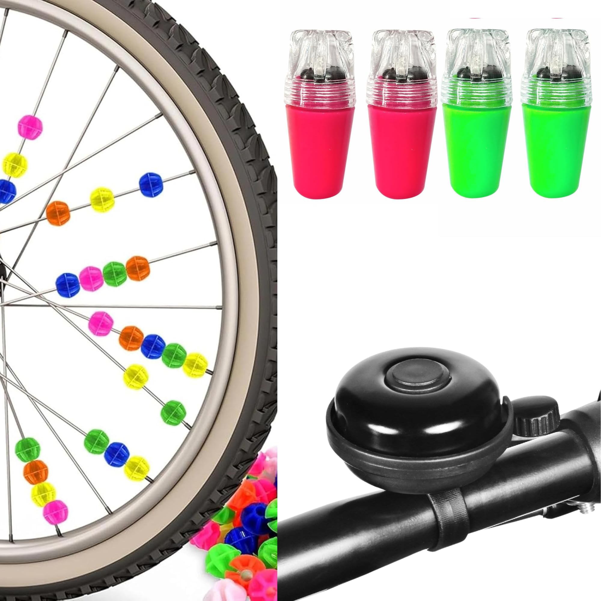 Kids Bicycle Decor Spoke Beads, Cycle Bell & LED Valve Lights – Multicolor Safety Decorations | 144 pcs Bicycle Spoke Moti, 4 pcs LED Lights for Cycle Tyres Rim | Set of 3 Items-image-33
