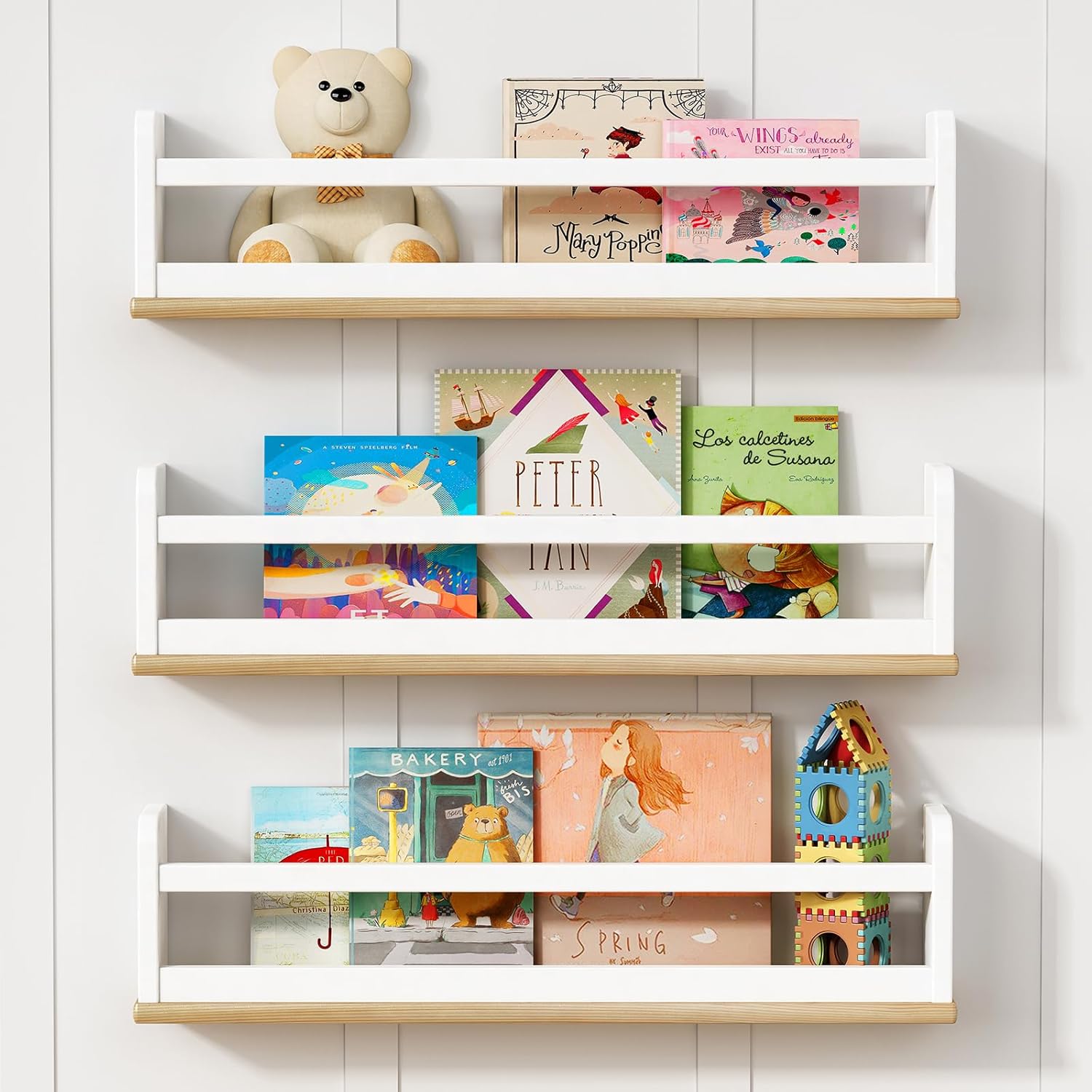 Upgraded Kids Bookshelf Wall Mounted, 24 Inch Long Floating Nursery Book Shelves for Wall, White and Natural Wood Baby Toddler Child Hanging Bookshelves for Kids Room Bedroom (Set of 3) 23.6 Inch White and Natural