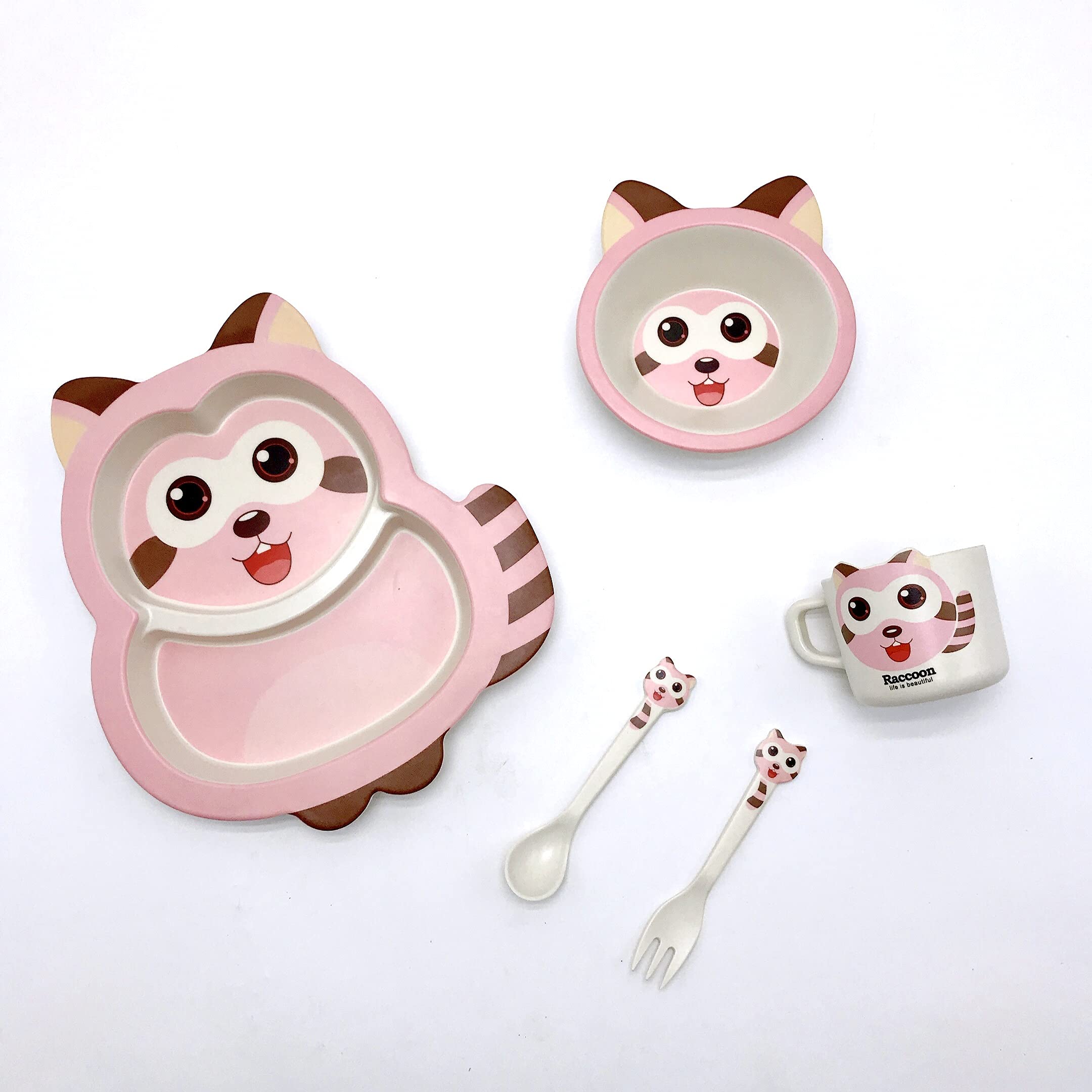 Dinnerware Plate Set for Kids - Cartoon Design Crockery Set - Bamboo Fibre Eco Friendly (Raccoon - 5 Pc set) Multi-Colour