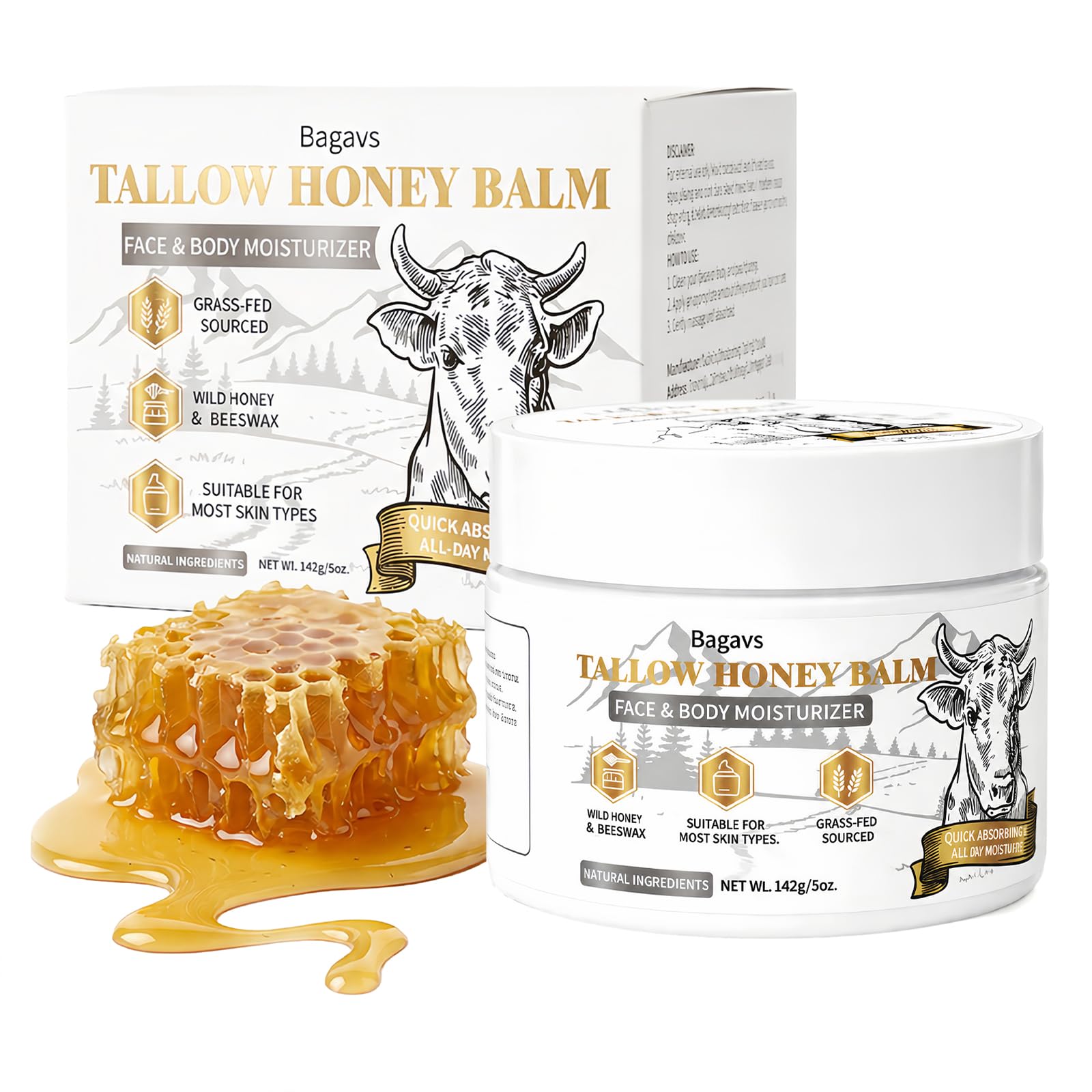 Bagavs Tallow Creme mit Honig für Gesicht & Körper, Rindertalg Creme 142 g | Für trockene Haut | Mit Grass-Fed Rindertalg & Bienenwachs | Feuchtigkeitspflege | Reichhaltig & schnell einziehend