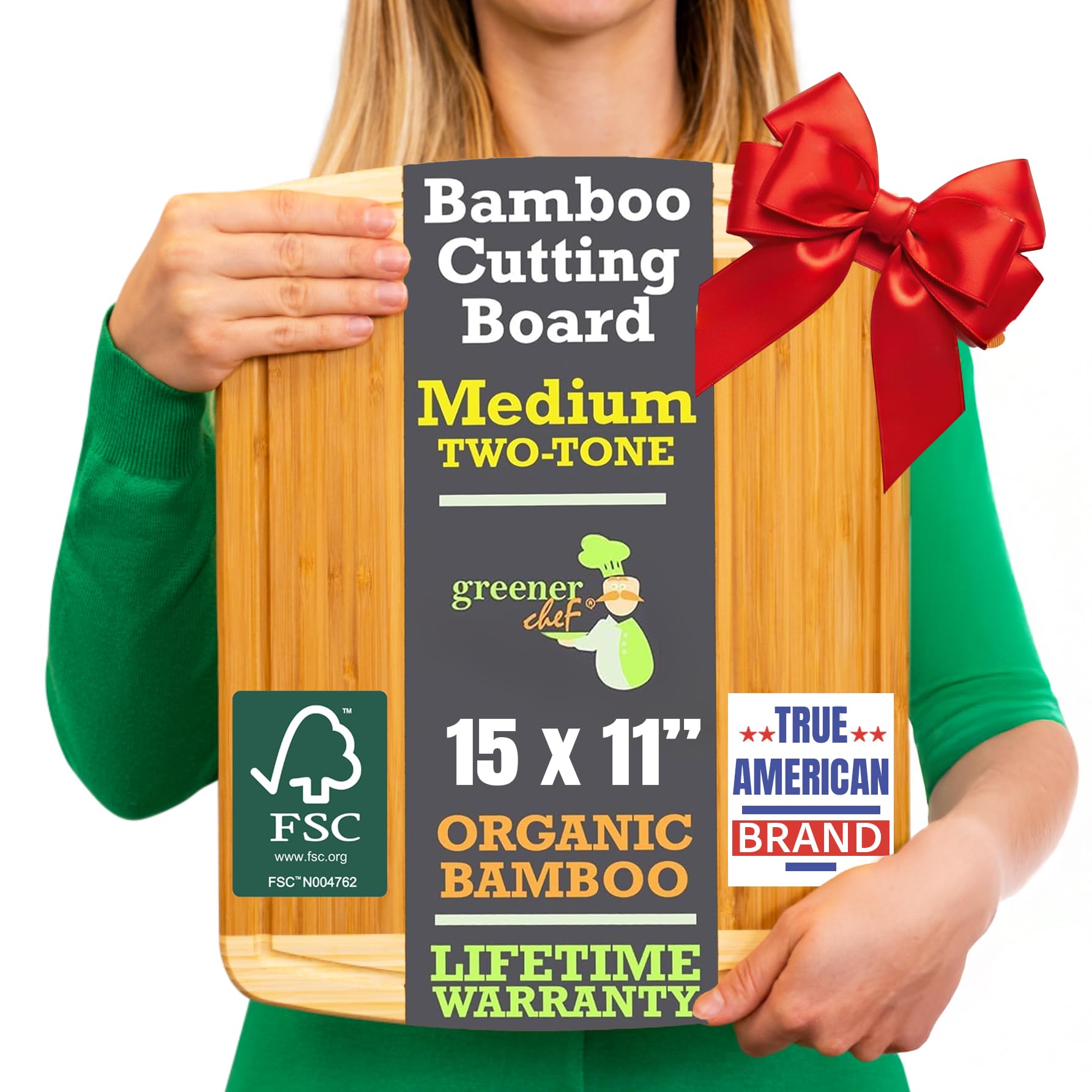 GREENER CHEF 15 Inch Medium Cutting Board with Lifetime Replacements, Bamboo Cutting Boards for Kitchen, Butcher Block, Medium Wooden Chopping Board for Meat, Veggies, Non Toxic Charcuterie Board
