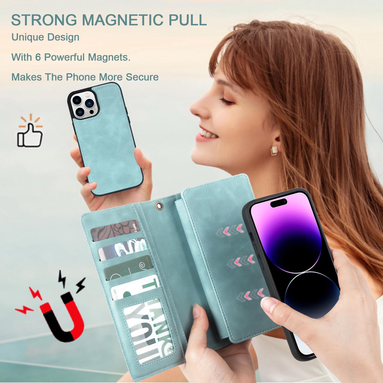 TwoHead Wallet Case Compatible with iPhone 15 Pro Max,Detachable Magnetic Phone Case,All-Round Shockproof Protective Leather Phone Case with Card Holder,6.7 in,Blue