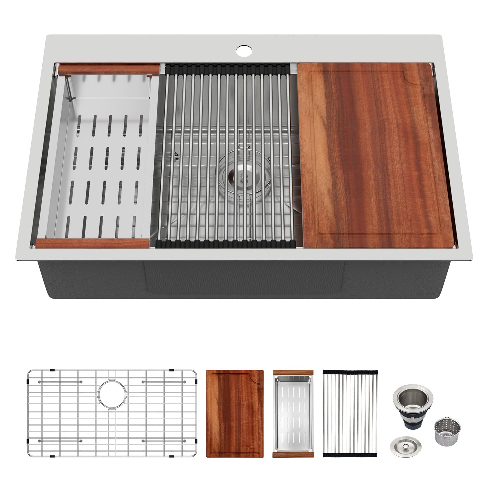 Logmey 33x22 Drop in Kitchen Sink All in One Workstation 16 Gauge SUS304 Stainless Steel Single Bowl 9" Deep Handmade Sink,Ideal for Home Cooking,Cleaning & Daily Kitchen Use,Noise Reduction