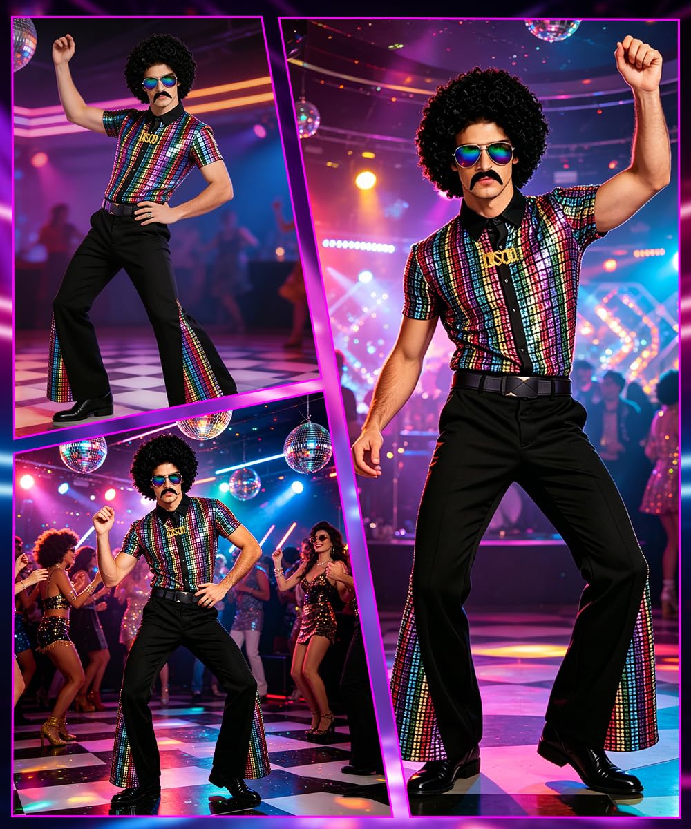 70er Jahre Outfit Herren, Disco Kostüm mit Perücke, Schnurrbart, Halskette, Faschingskostüme Herren, 70er Jahre Disco Kostüm für Karneval, Halloween, Cosplay und Party