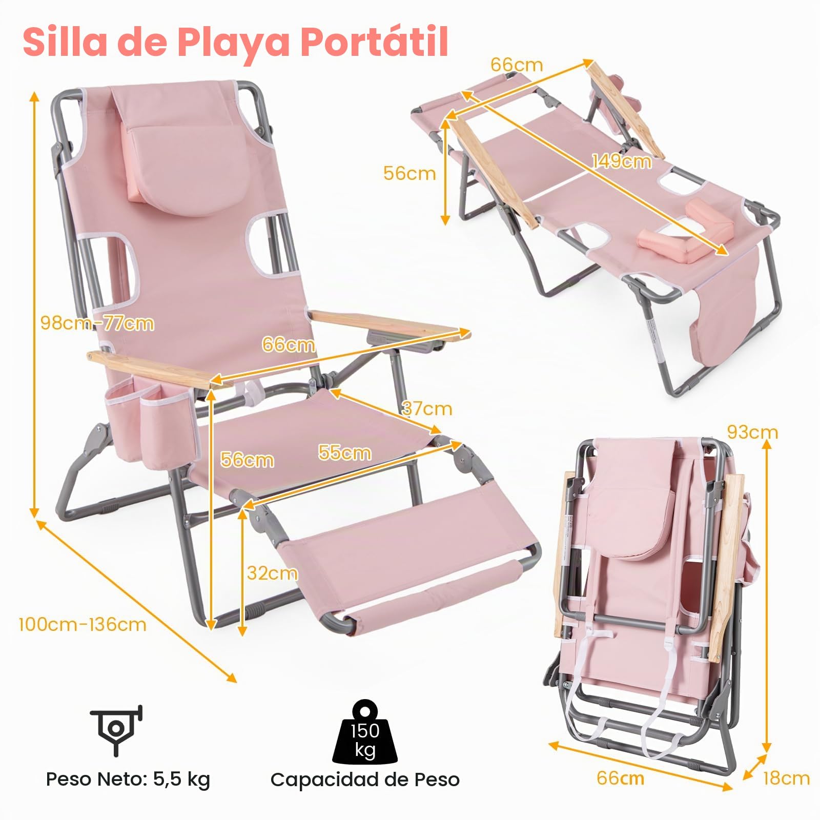 KOMFOTTEU Silla de Playa Reclinable con Agujero para Cara, Tumbona Plegable con Respaldo Ajustable de 4 Posiciones y Reposapiés de 2 Posiciones, Tumbona Jardín Exterior Baño de Sol (Rosa)
