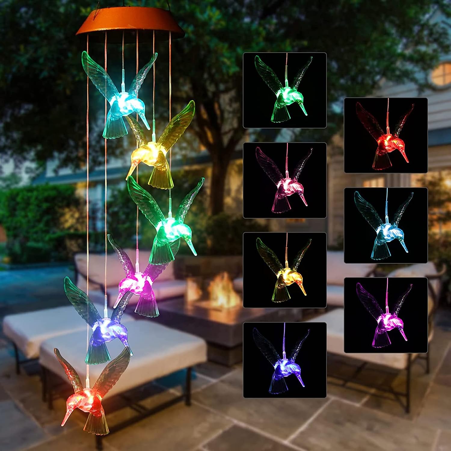 ALLOMN Hummingbird Solar Wind Chime, Color-Changing LED Solar Mobile Wind Chime, Gifts for mom, Garden Decor, Yard Decor, Gifts for Friends, Gifts for Family, Solar Wind Chime with S Hook