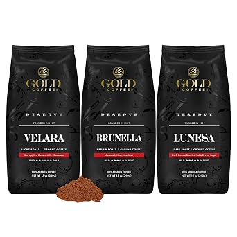 Gold Coffee Bundle Velara, Brunella & Lunesa, Light, Medium & Dark Roast, Finely Ground |100% Arabica Coffee, 12 oz. Pack of 3
