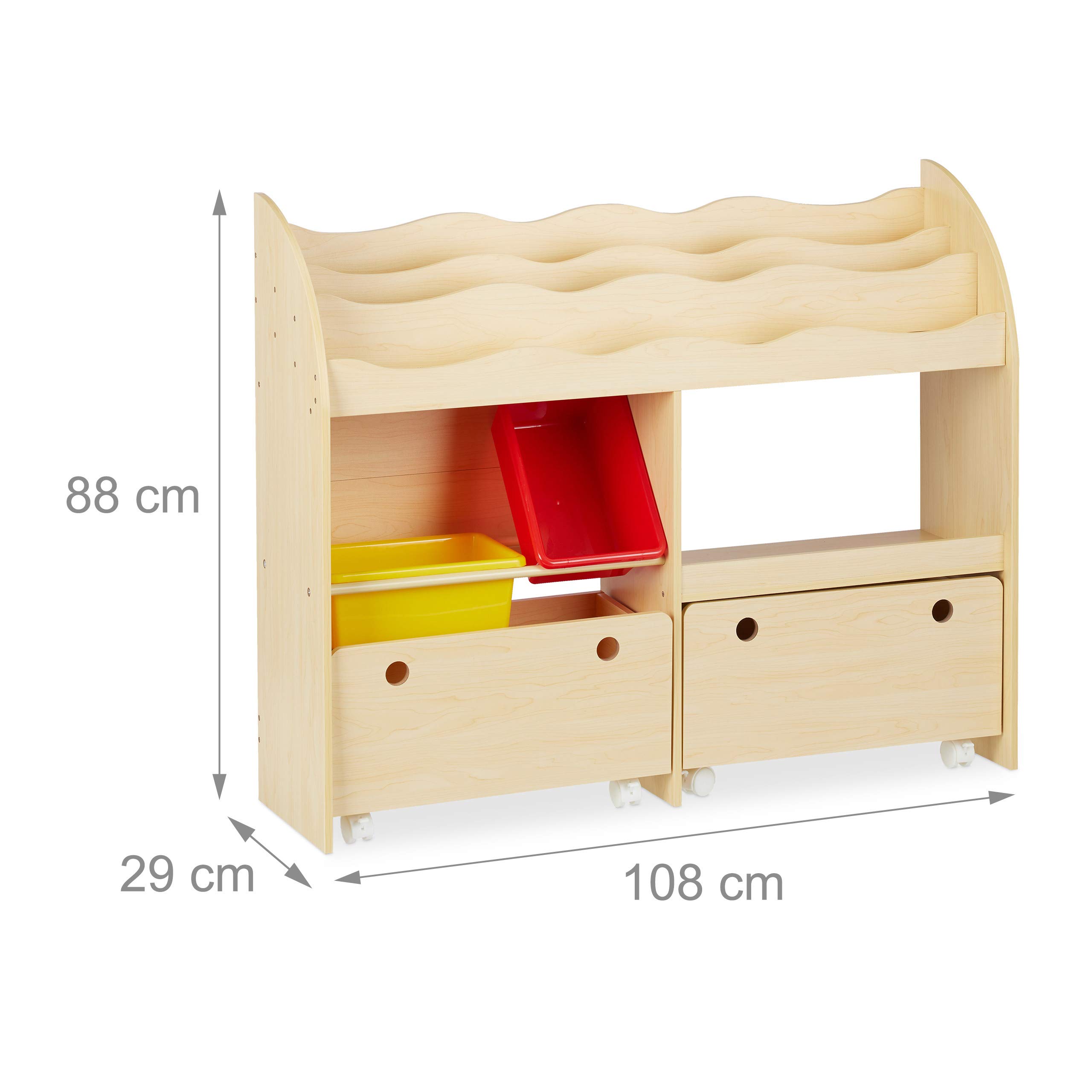 Relaxdays Librería Infantil, Estantería para Niños, Guarda Juguetes con Cajas Almacenaje, DM, 88 x 108 x 29 cm, Beige