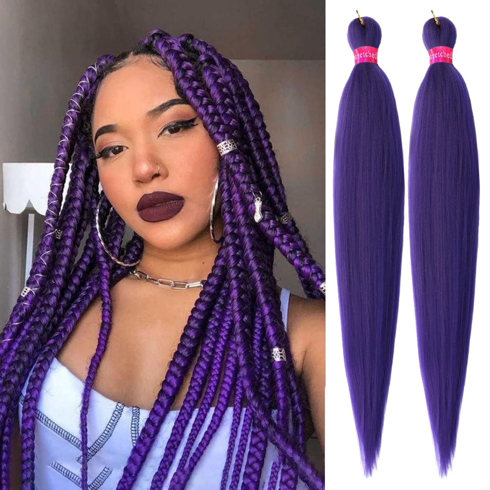 Purple Braiding Hair Pre Stretched 2 Packs Box Braids Hair Extensions 26 Inches Synthetic Pre Stretched Braiding Hair