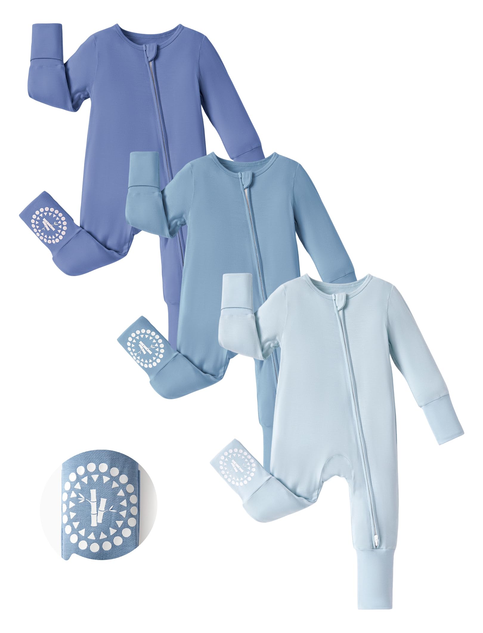 Photo 1 of PATPAT Baby Footies Boys Girls - Bamboo Viscose - 2 Way Zipper & Non-Slip Soles Romper Mitten - Footed & Footless Infant Clothes Unisex Jumpsuit 2 Pack Blue 0-3 Months