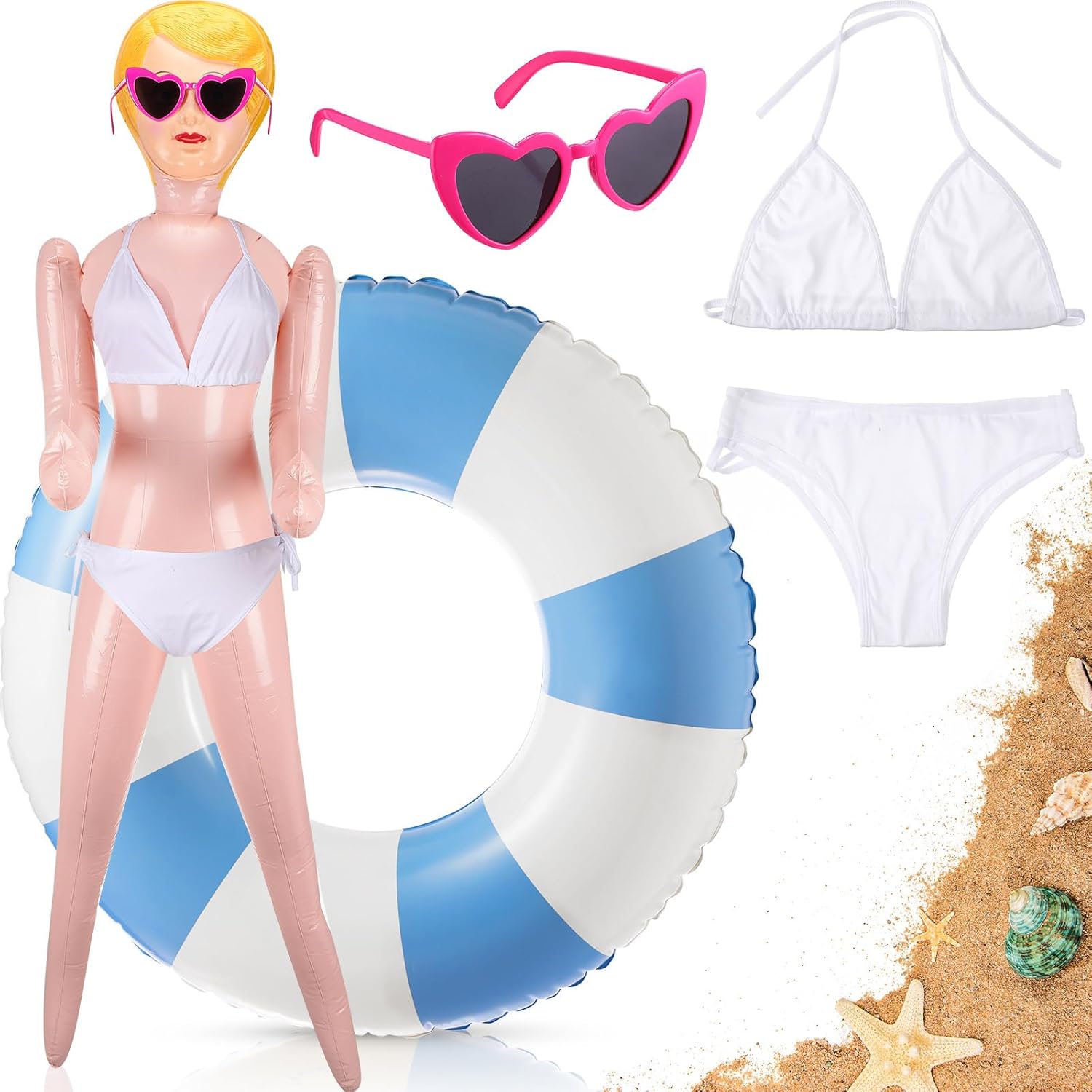 4 Pcs Summer Inflatable Blow up Decorations Includes 59 Inches No Moving Parts Mannequin Striped Large Swim Ring Floats Heart Shaped Sunglasses White Swimsuit Costume Set for Hawaiian Party