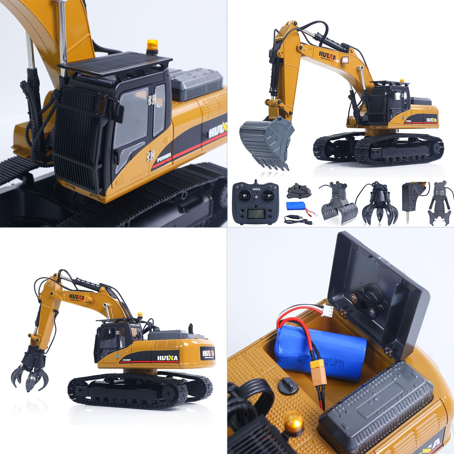 TOUCAN RC HOBBY HUINA 1:14 Metall-Fernsteuerungsbagger 580-32 – mit Licht und Sound – inklusive 2,4-GHz-Fernsteuerung, 7,4-V-Fahrgestellakku, USB-Ladekabel – mit Metallschaufel, Brecherhammer