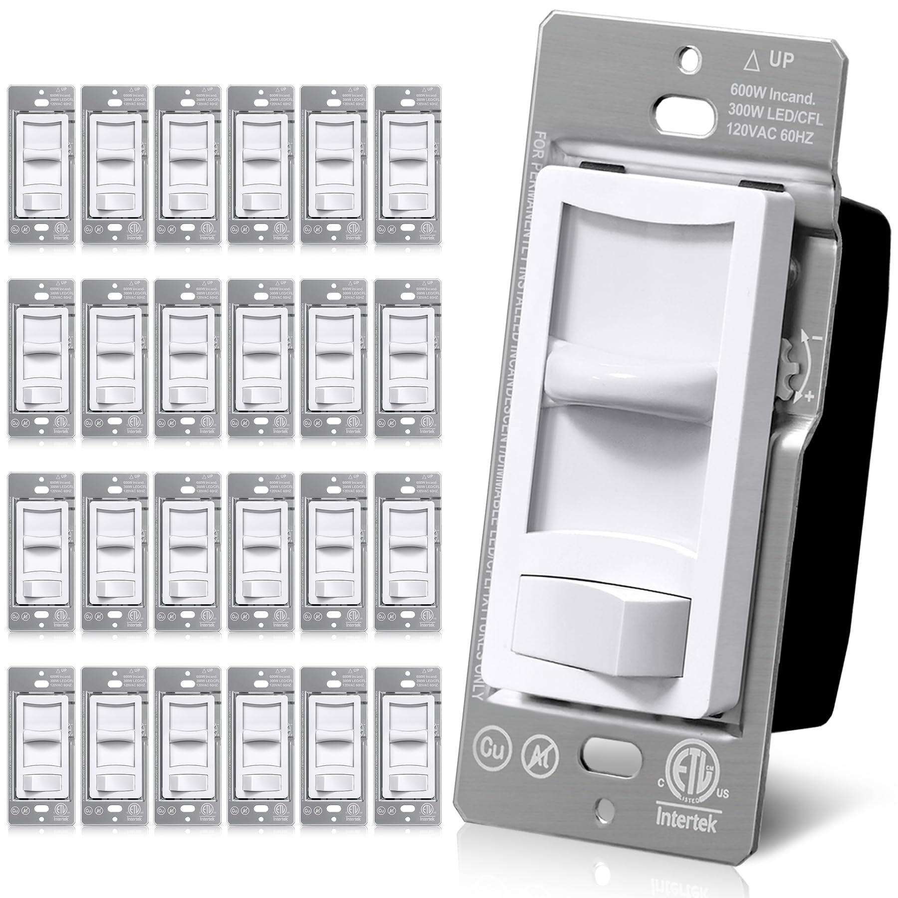 Photo 1 of BESTTEN 24 Pack Super Slim Dimmer Switch, Max 300W LED/CFL Lights and 600W Incandescent/Halogen, Quiet Rocker, Single Pole or 3-Way Dimmer, Slide Dimmable Light Switch, ETL Listed, White