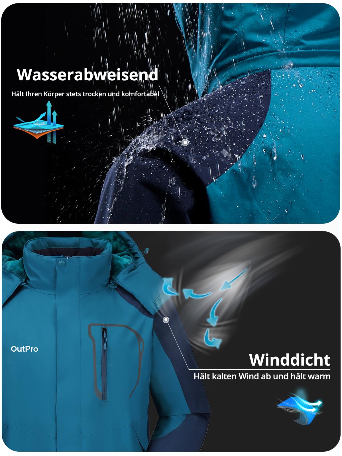 OutPro Herren Skijacke Wasserdicht Winter Schneemantel Winddicht Warm Fleecefutter Kapuzenparka Regenjacke