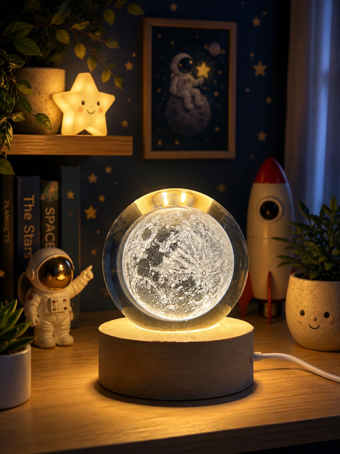 3D Moon Crystal Ball Night Lamp with LED Wooden Base | Space Crystal Globe Light for Bedroom, Bedside Table, Home & Office Decor | Astronaut Space Gift for Kids, Adults & Space Lovers-image-38