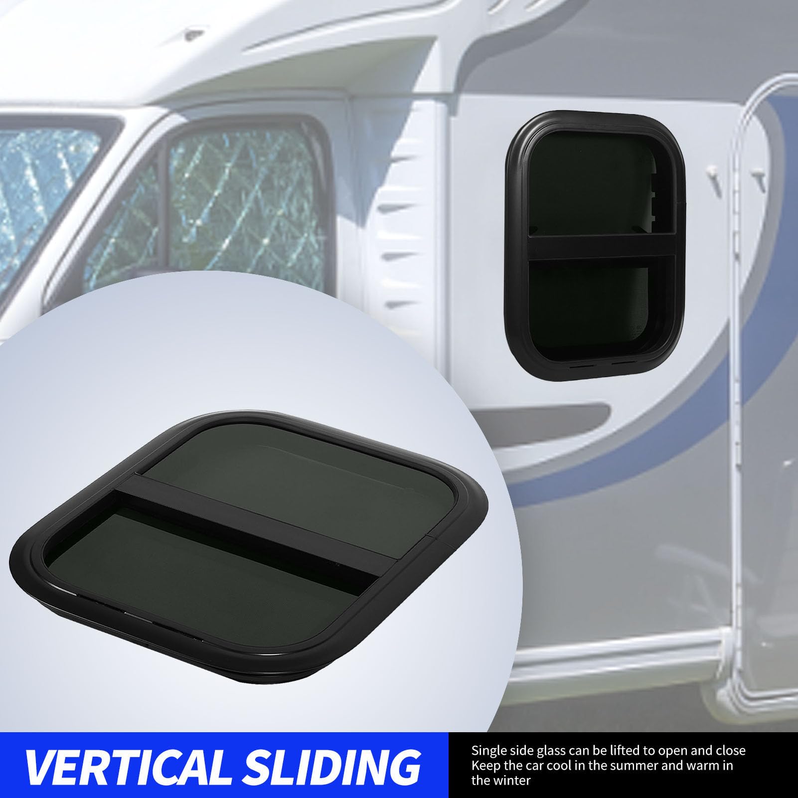 Fenster, Wohnmobil-Schiebefenster mit Bildschirm, Wohnmobil-Schiebefenster mit Sichtschutz, 440 Mm Hoch, 390 Mm Breit, Getöntes Gehärtetes Glas, Wasserdicht, für Wohnmobil-Anhänger