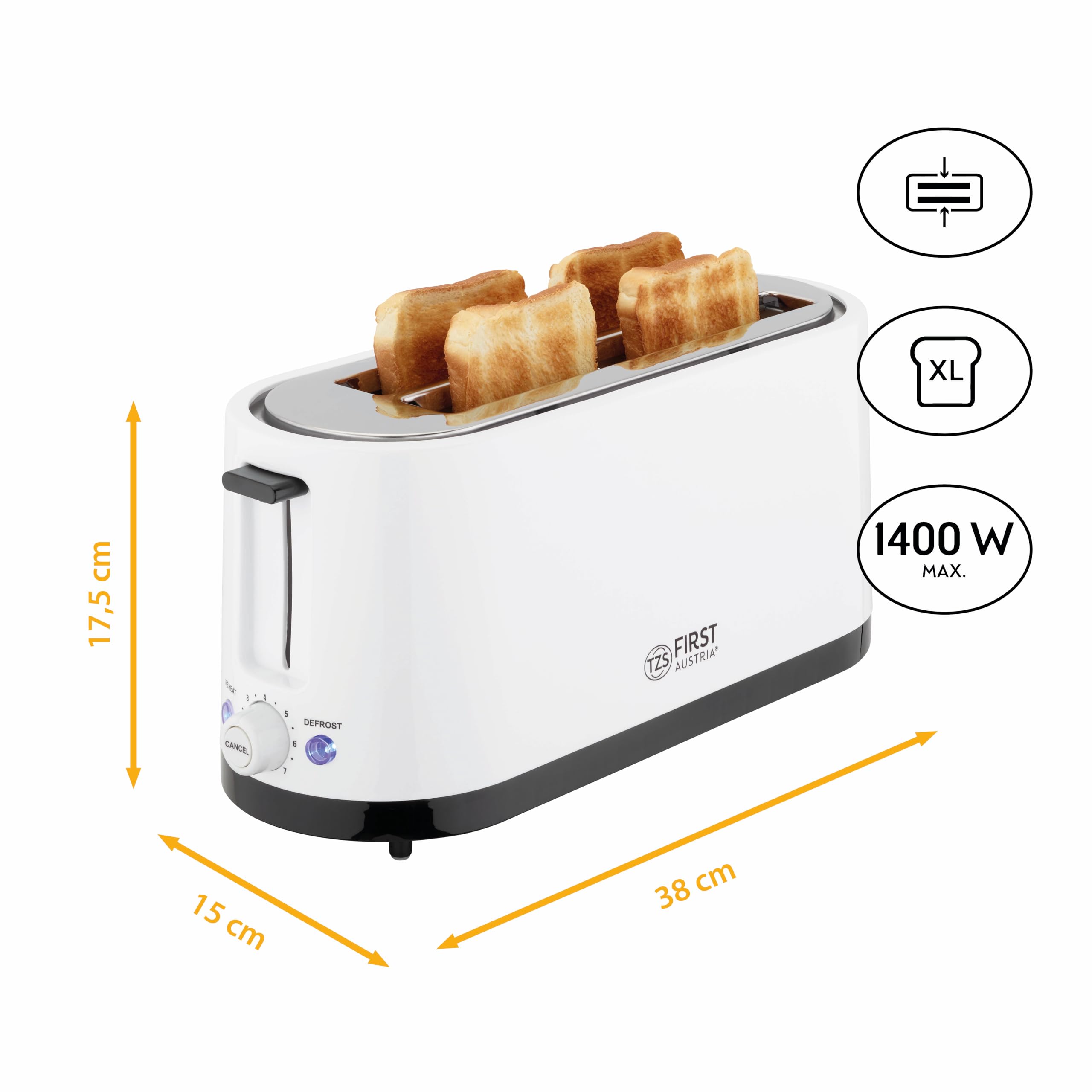 TZS First Austria - Toaster 4 Scheiben Langschlitz 1400W mit Krümelschublade | Brötchenaufsatz | wärmeisoliertes Gehäuse, Temperatureinstellung, Edelstahlgehäuse, Auftaufunktion, Brotzentrierung