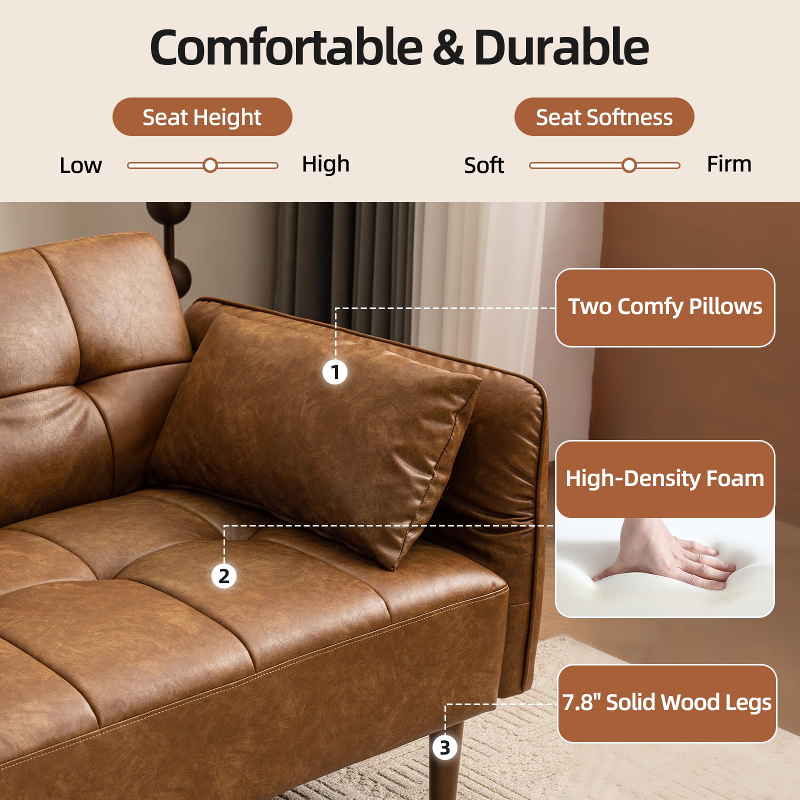 HALLYBEE 85" Futon Faux Leather Couch with Adjustable Armrests Brown | Futon Sofa Bed, Sleeper Sofa, Small Couch with Pillows, Side Pockets, Mid Century Modern, Living Room, Bedroom, Apartment