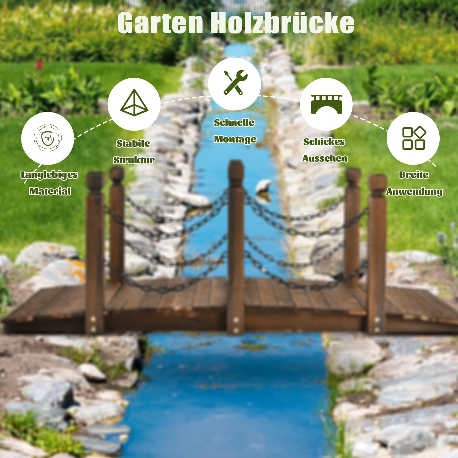 SOARS Holzbrücke mit Geländer & Ketten, Gartenbrücke aus Fichtenholz, stabile Teichbrücke bis 180 kg belastbar, 150 x 67 x 55 cm, Zierbrücke begehbar, Dekobrücke für Garten, Teich & Bach