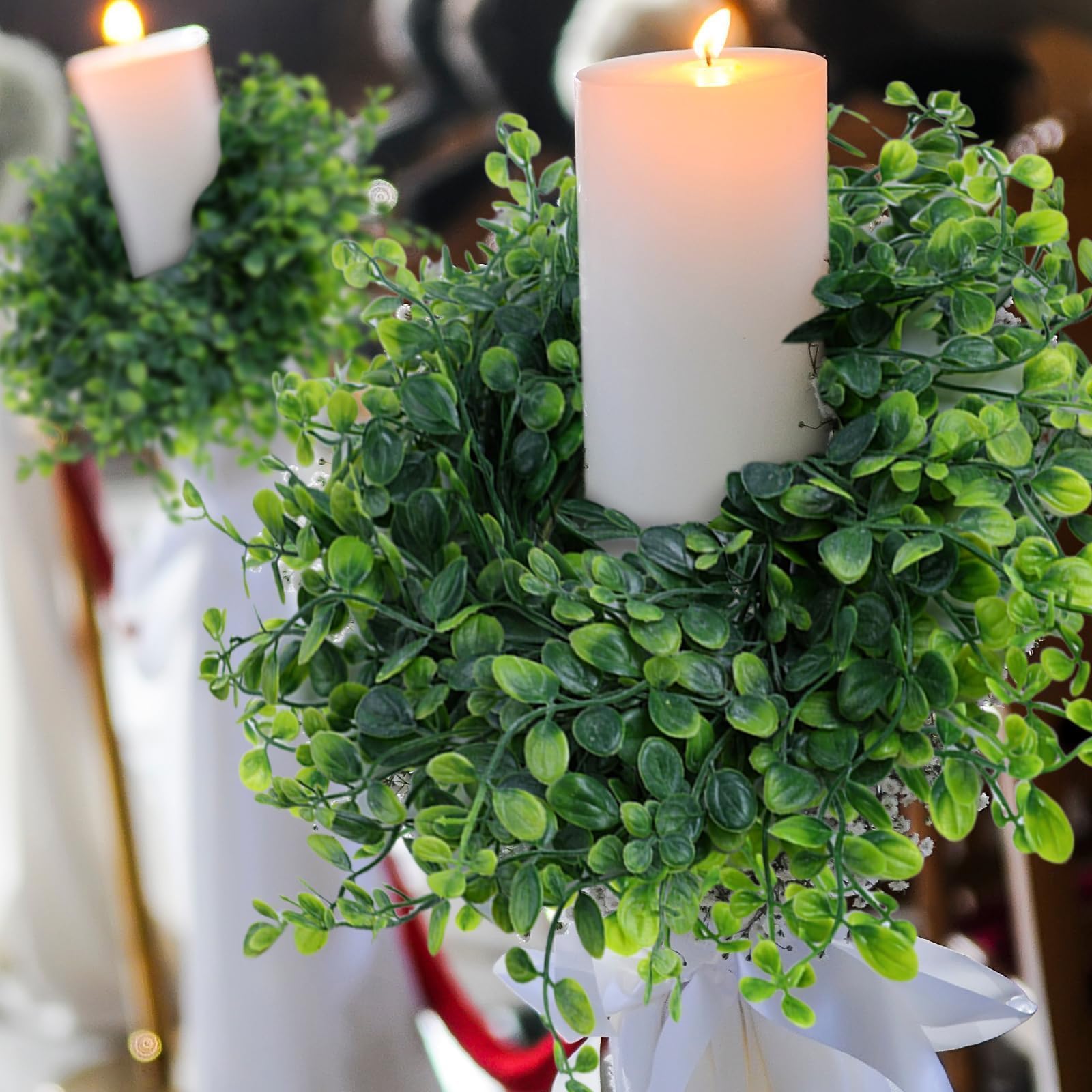 Kerzenringe für Frühling und Sommer, grüne Buchsbaumkränze, 7,6 cm, grüne Buchsbaumkerzenringe, Säulen, Küchenschrank, Kränze, Mini-Kerzenkranz für Hochzeit, Party, Dekoration, 4 Stück