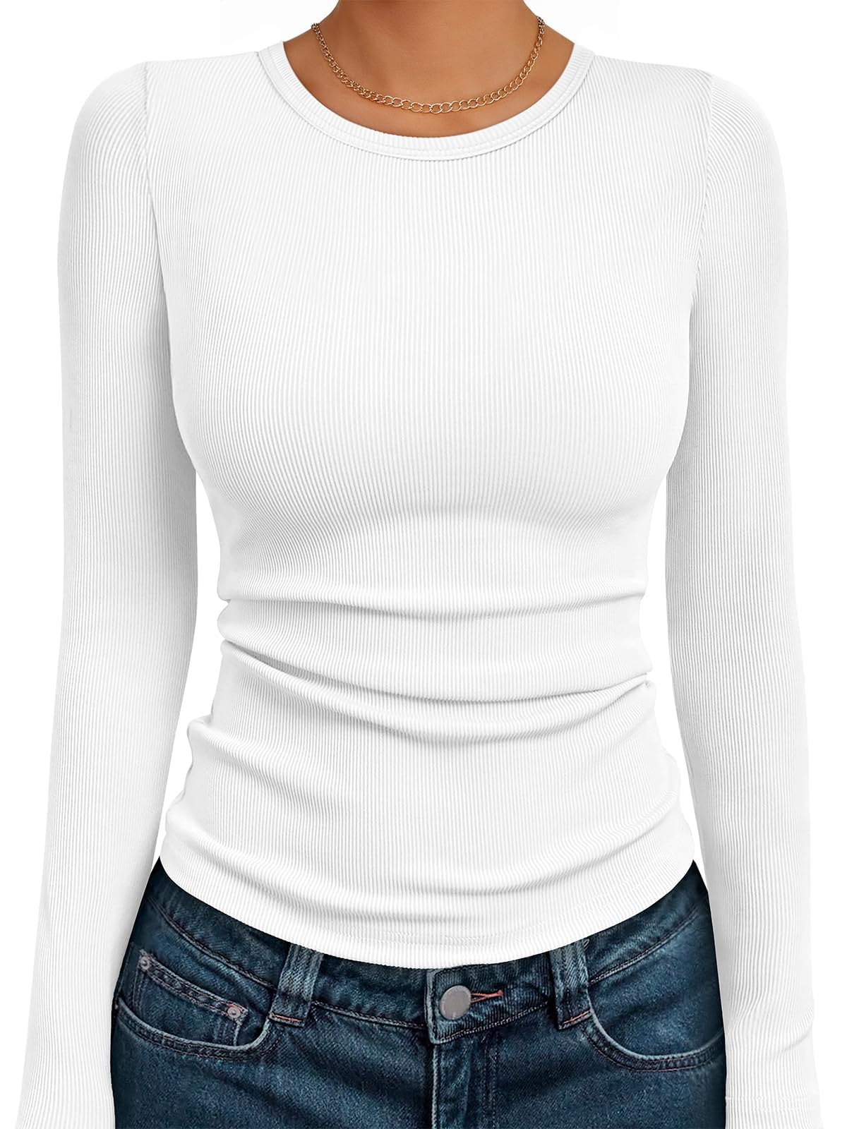 Suncife Damen-T-Shirt, langärmelig, gerippt, Rundhalsausschnitt, schmale Passform, gerippt, Tunika-T-Shirt