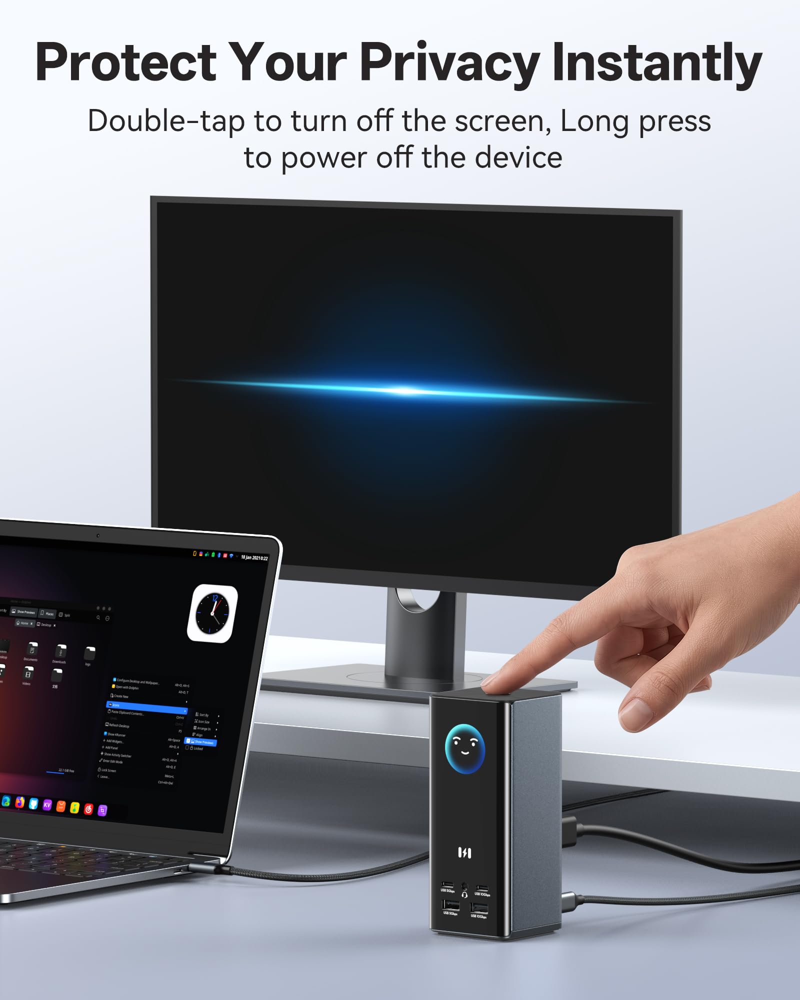 Selore Station d'accueil pour ordinateur portable 3 moniteurs, triple écran 4K 3 HDMI 2 DP, écran intelligent avec météo, 100 W PD, 10 Gbit/s USB A/C, Gigabit Ethernet, lecteur SD/microSD pour Dell/HP