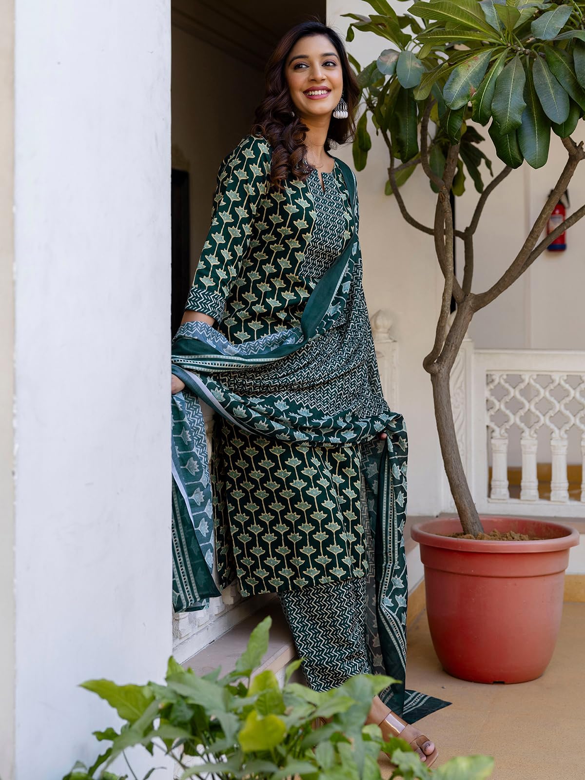 Sanisa Women's Cotton Blend Printed Straight Kurta With Pant And Dupatta Set (232Kbd2455N-S_Rama Green & Beige)