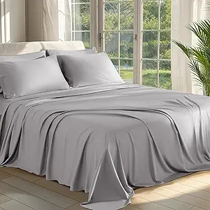 Shilucheng 100% Viscose Derived from Bamboo_ Sheets Queen Size 6pcs - Ultra Cooling & Silky Soft Bed Sheets, 16" Deep Pocket, Perfect for Hot Sleepers, Hotel Bedding Sheets (Grey)