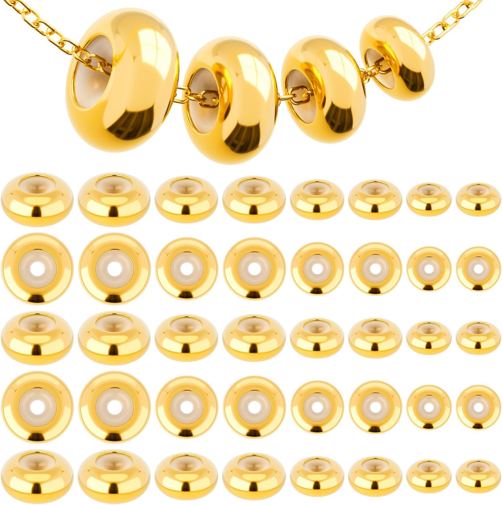 80pcs Stopper Beads Set 5/6/7/8mm Brass Spacer Beads with Rubber Insert, Adjustable Slider Beads for DIY European Bracelets Necklaces Jewelry Making (Gold)