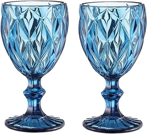 Copa de vino, copa de vidrio de colores, juego de 2, 10 onzas, diseño vintage en relieve, copas de vidrio transparente para fiestas, bodas,
