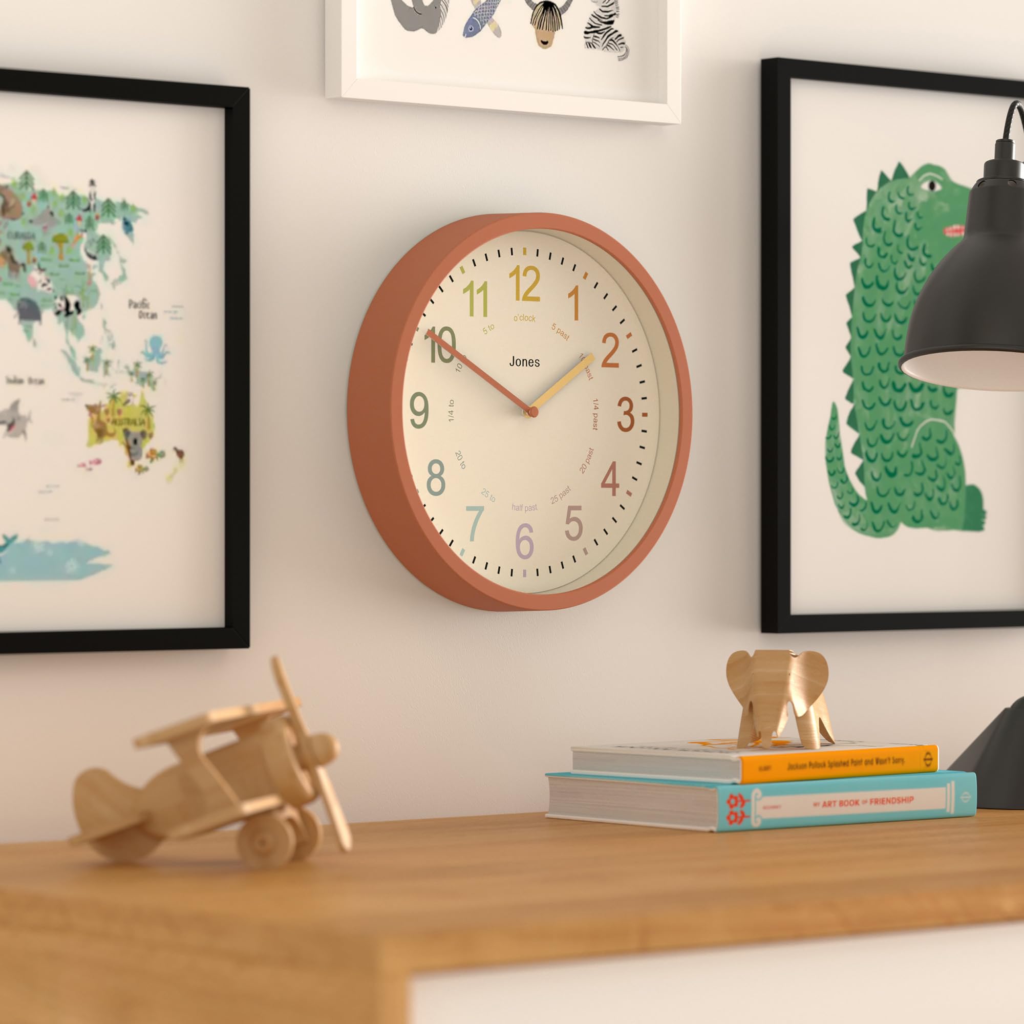 Jones Clocks® Kids wall clock, Terracotta Orange, 25cm x 25cm x 4cm - Image 4