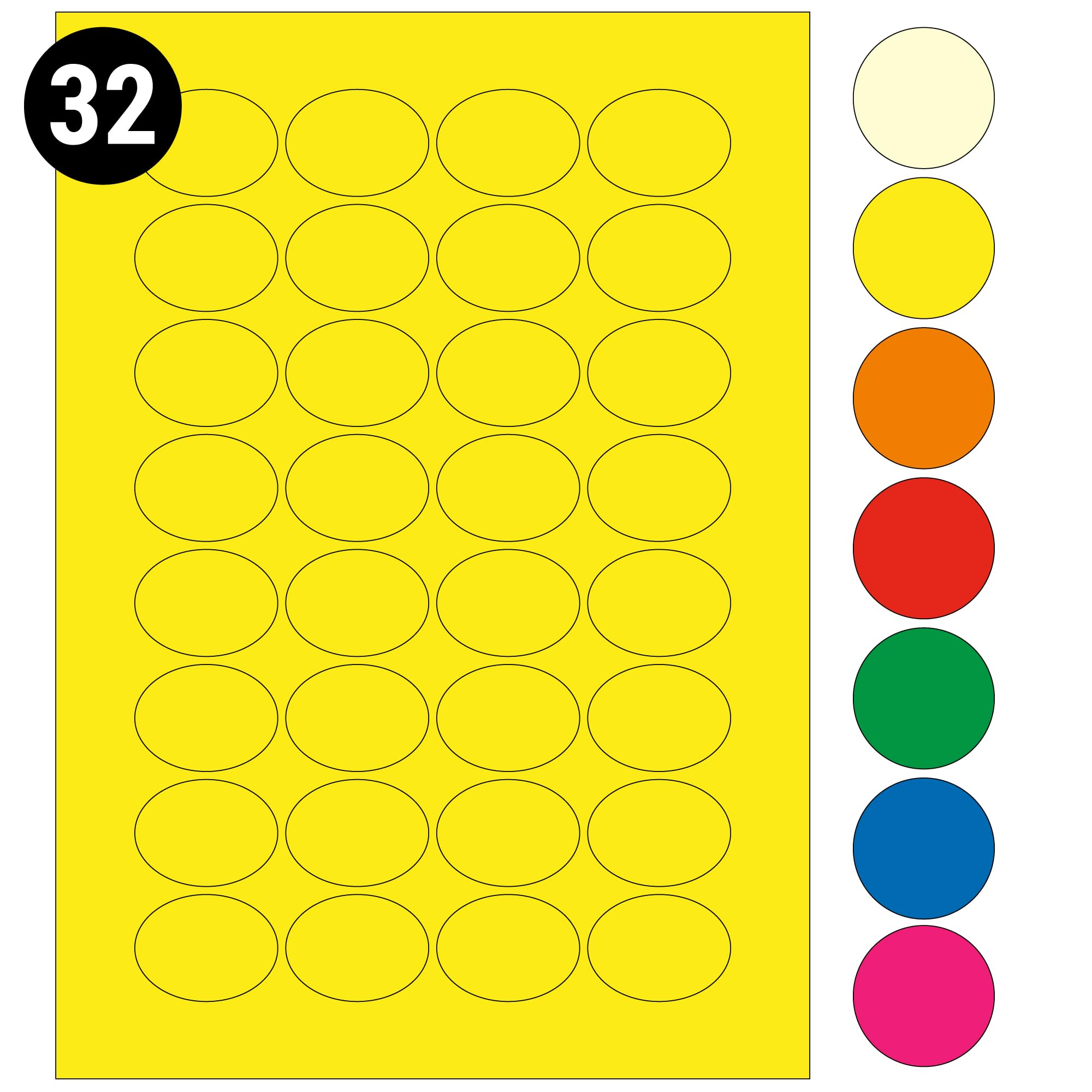 L&B Colour Range - Oval Labels – 3 Sizes & 7 Vibrant Colors – A4 Sheet – Compatible with Laser & Inkjet Printers (Yellow, 32 Labels Per Sheet - 500 Sheets)
