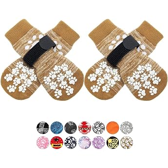 EXPAWLORER Double-Sided Non-Slip Dog Socks - Soft and Breathable Paw Protection for All Dogs with Adjustable Straps Traction Control for Indoor Use on the Wooden Floor Khaki M
