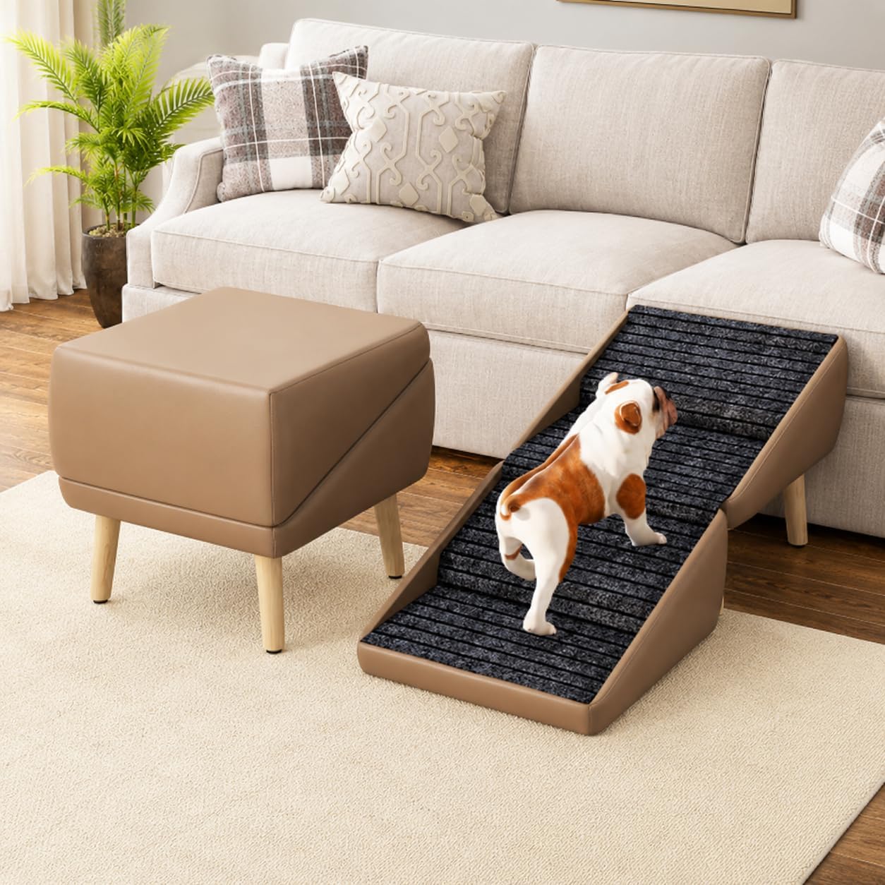 2-in-1 Foldable Dog Stairs & Ottoman, Non-Slip Wooden Pet Steps, Coffee Color Ramp for Small Senior Injured Dogs to Access Couch